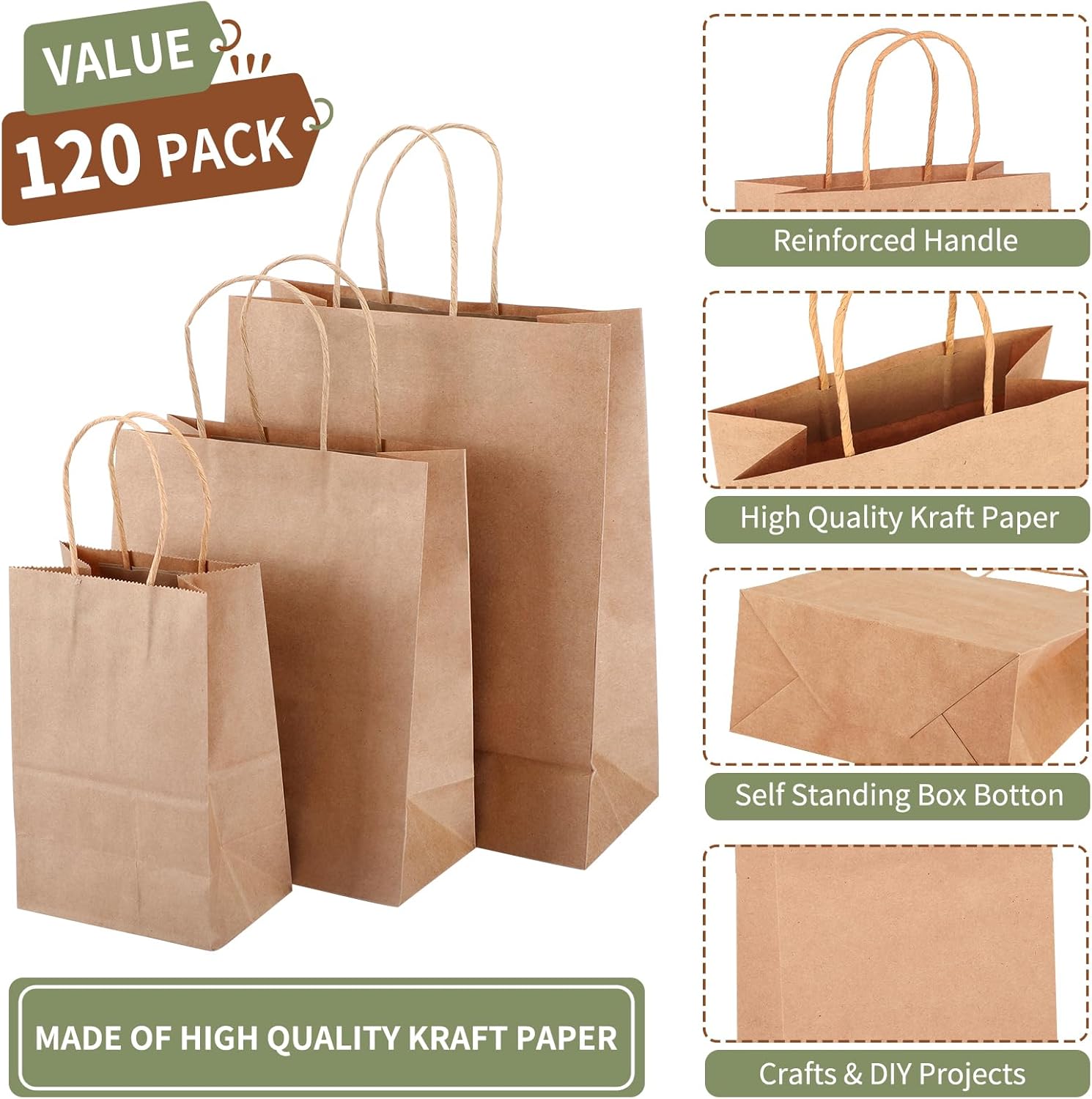 TOMNK 120pcs Brown Paper Bags with Handles Assorted Sizes Mixed Sizes Bulk Kraft Paper Gift Merchandise Bags for Business, Shopping, Retail-2