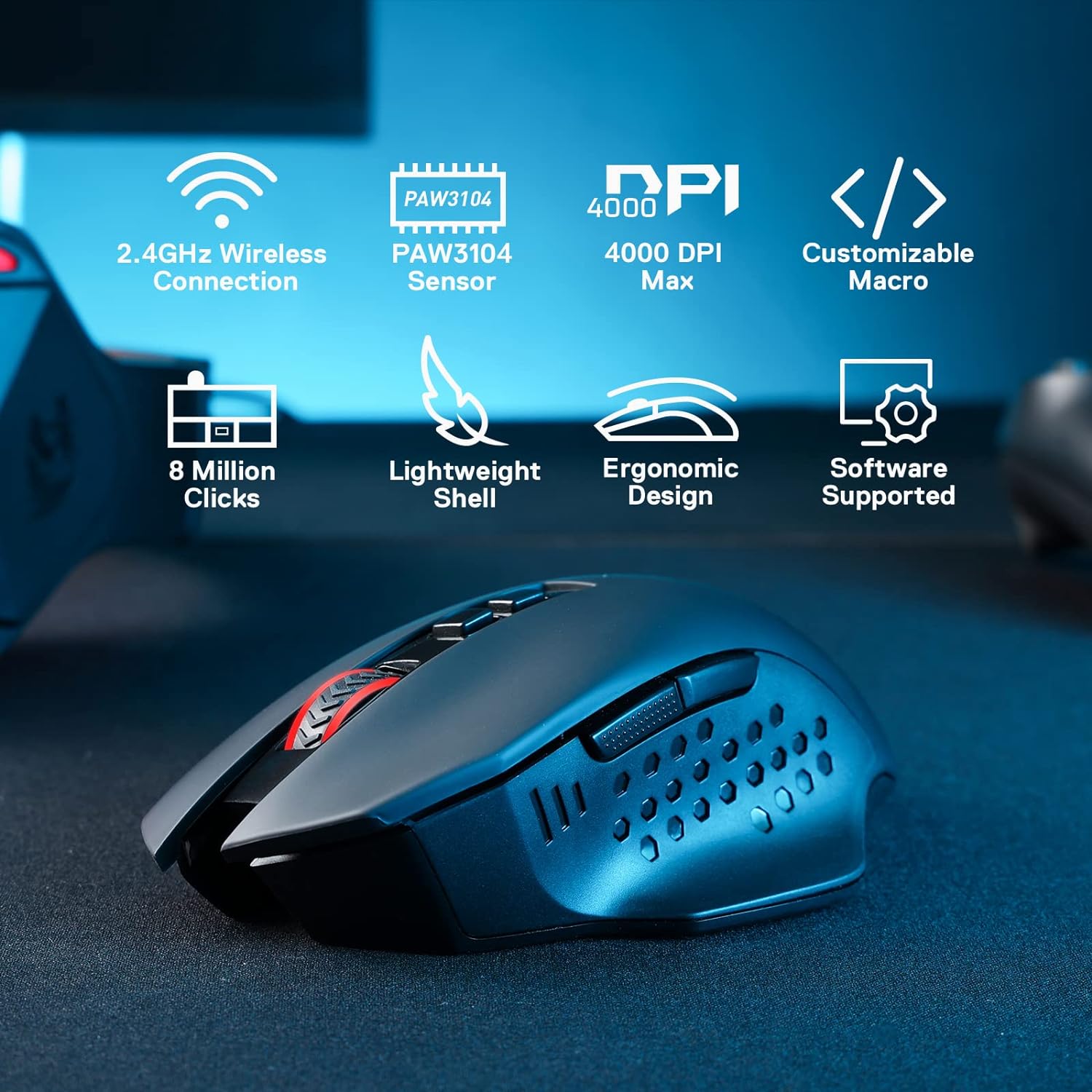 Redragon M656 Gainer Wireless Gaming Mouse, 4000 DPI 2.4Ghz Gamer Mouse w/ 5 DPI Levels, 7 Macro Buttons, Red LED Backlit & Pro Software/Drive Supported, for PC/Mac/Laptop-2