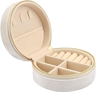 DesignSter DesignSter Travel Jewelry Box - Velvet Mini Jewelry Organizer, Small Jewelry Case for Girls Women, Jewelry Storage Box for Rings Earrings Necklace (Circular, Cream Beige)