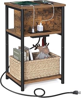 VASAGLE Side Table with Charging Station, 3-Tier End Table with USB Ports and Outlets, Nightstand for Living Room, Bedroom, 11.8 x 13.4 x 22.8 Inches, Plug-in Series, Rustic Brown and Black