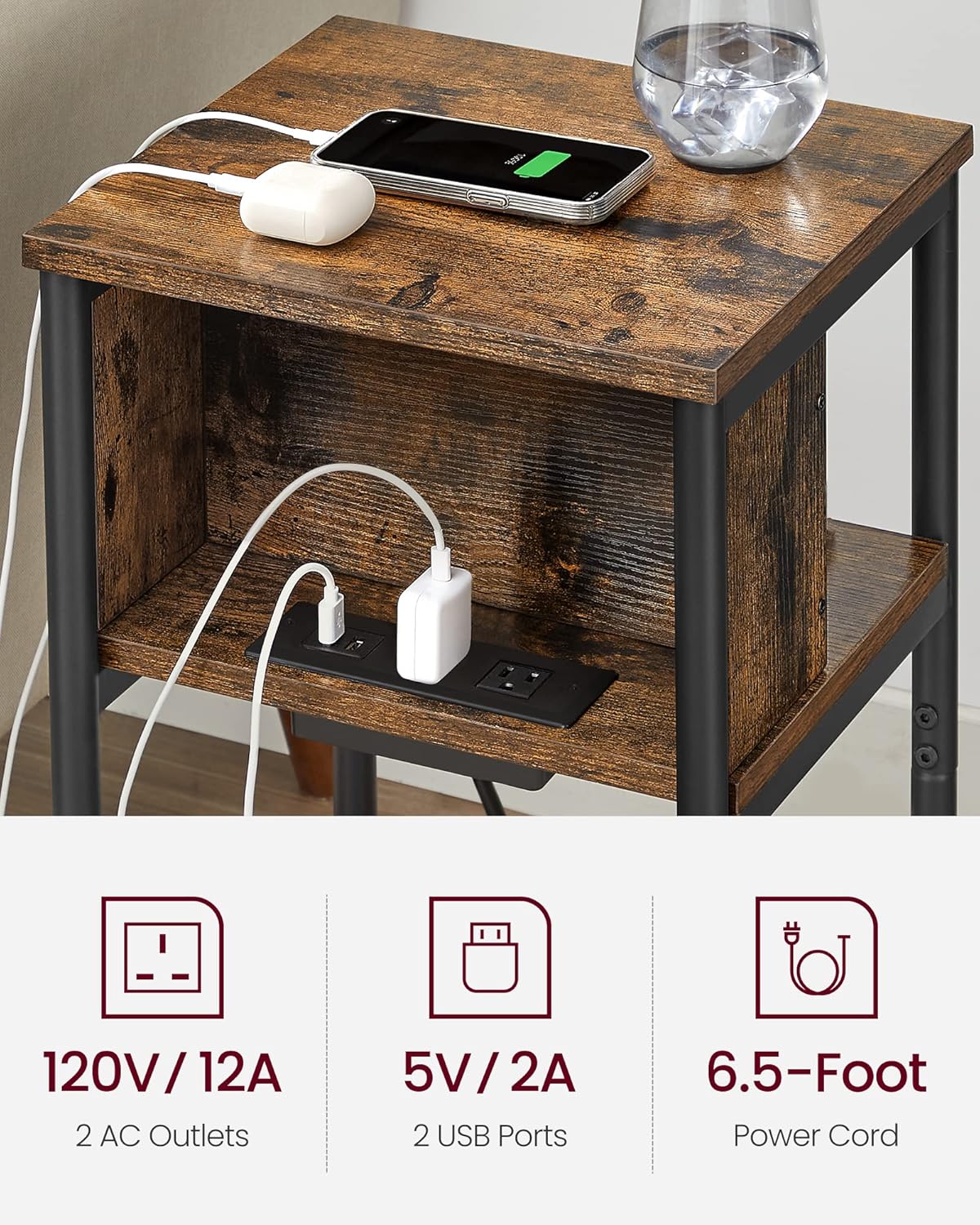 VASAGLE Side Table with Charging Station, 3-Tier End Table with USB Ports and Outlets, Nightstand for Living Room, Bedroom, 11.8 x 13.4 x 22.8 Inches, Plug-in Series, Rustic Brown and Black-3