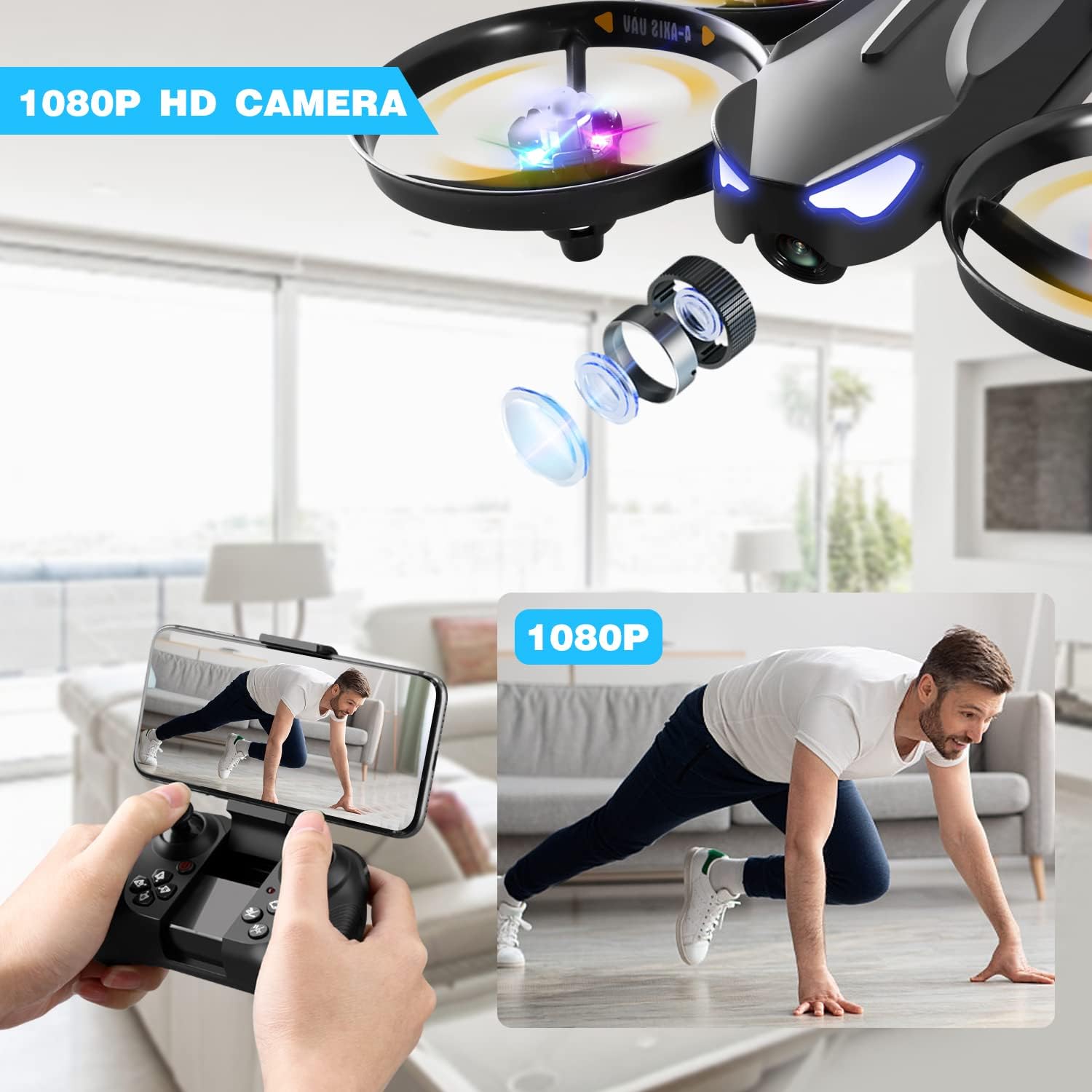 4DRC V16 Drone with Camera for Kids,1080P FPV Camera Mini RC Quadcopter Beginners Toy with 7 Colors LED Lights,3D Flips,Gesture Selfie,Headless Mode,Altitude Hold,Boys Girls Birthday Gifts,-1