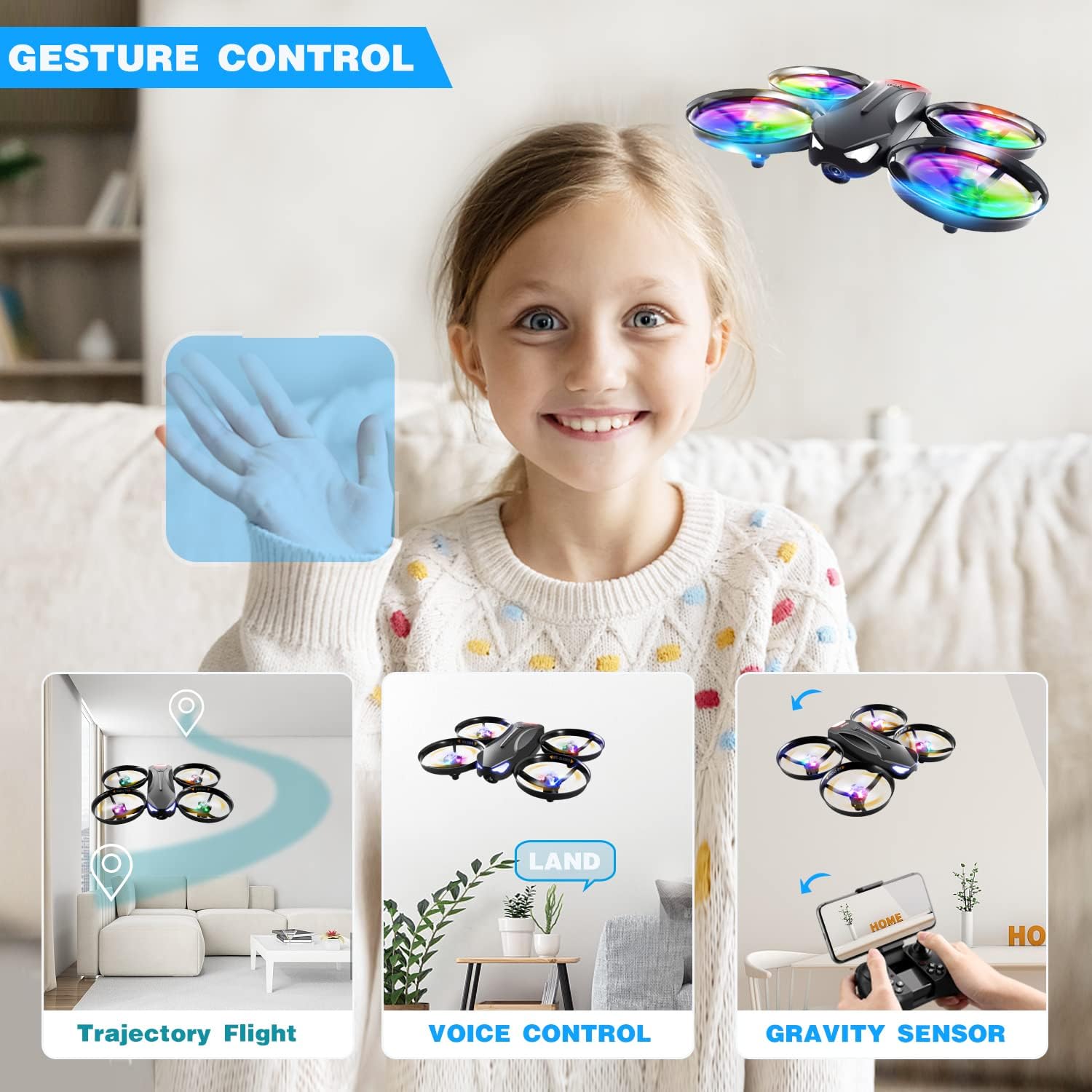 4DRC V16 Drone with Camera for Kids,1080P FPV Camera Mini RC Quadcopter Beginners Toy with 7 Colors LED Lights,3D Flips,Gesture Selfie,Headless Mode,Altitude Hold,Boys Girls Birthday Gifts,-4