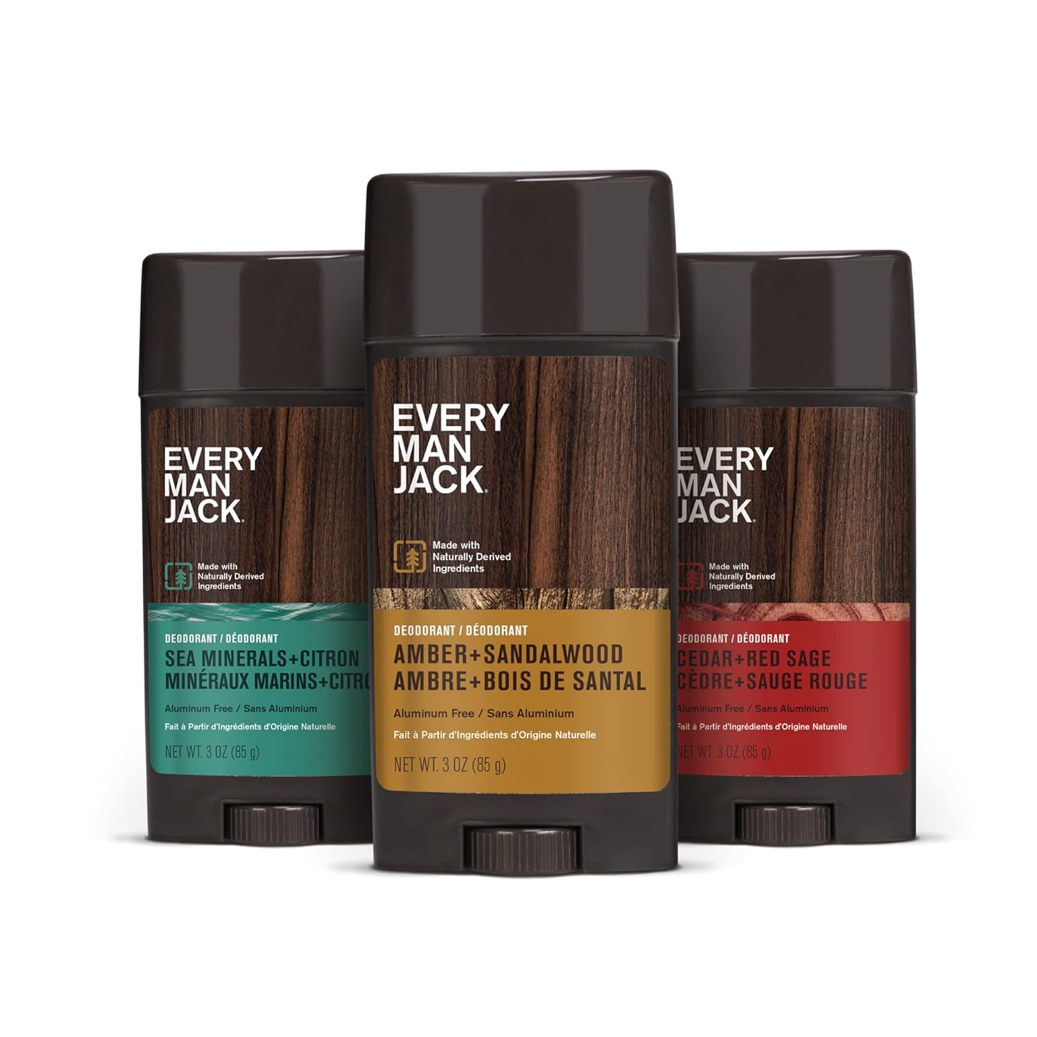 Every Man Jack Men's Deodorant Variety Set - Includes 3 Full-Sized Deodorant Sticks with Clean Ingredients & Incredible Scents - Cedar + Red Sage, Amber + Sandalwood, Sea Mineral + Citron Fragrances (3 Pack)-0