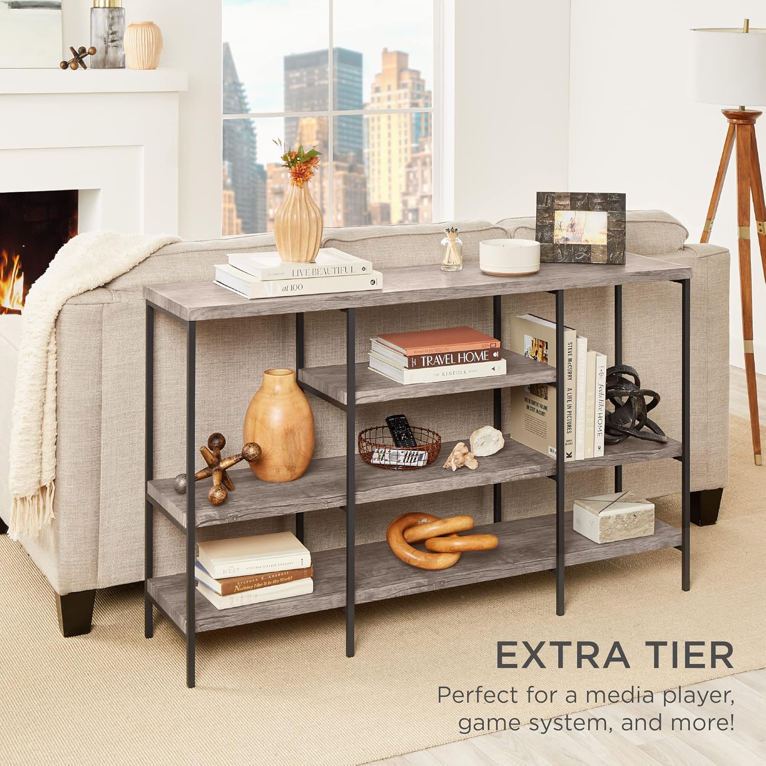 Best Choice Products Large Console Table, 4-Tier 55in Rustic, Industrial Sofa Table Storage for Living Room, Entryway, Foyer, Hallway w/EVA Non-Scratch Feet, Steel Frame - Gray-4