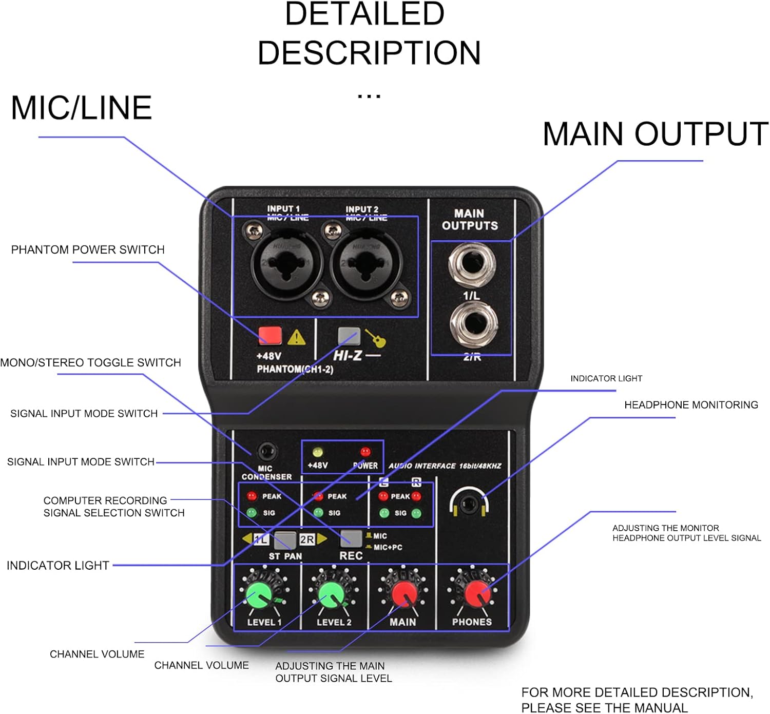 G-MARK Mini Audio Mixer 2 Channel With 48V Phantom Power Sound Effects Interface Music For Live Show Recoding Stage Party DJ Podcast Streaming-3