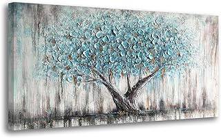 Arjun Tree Wall Art Teal Blue Nature Tree of Life Abstract Canvas Painting Textured Picture, Modern Large Panoramic Landscape Artwork Framed for Living Room Bedroom Bathroom Office Home Decor 40"x20"