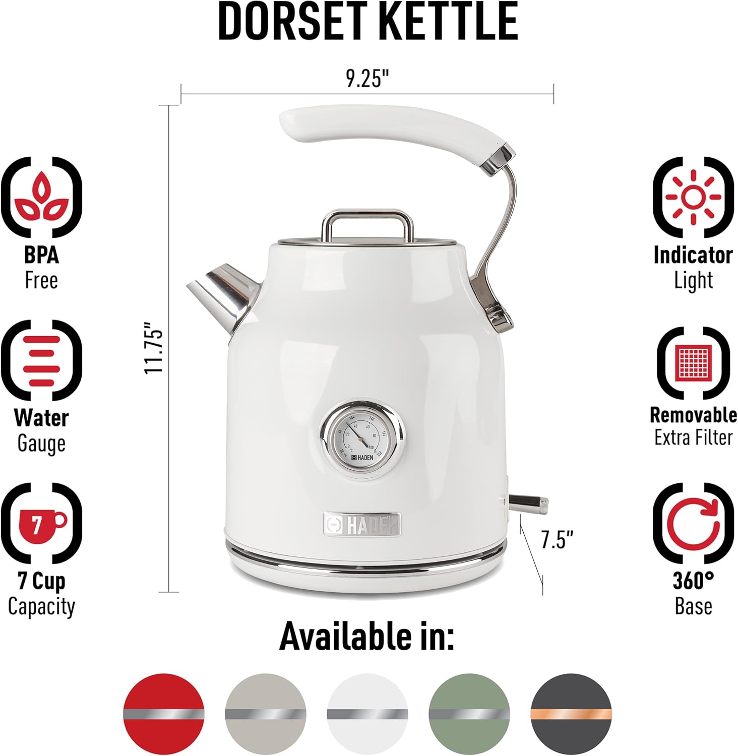 Haden Dorset 1.7 Liter Cordless Electric Kettle with Auto Shut Off for Kitchen, Small Appliances, Counter, and Apartments, Ivory/Chrome-2