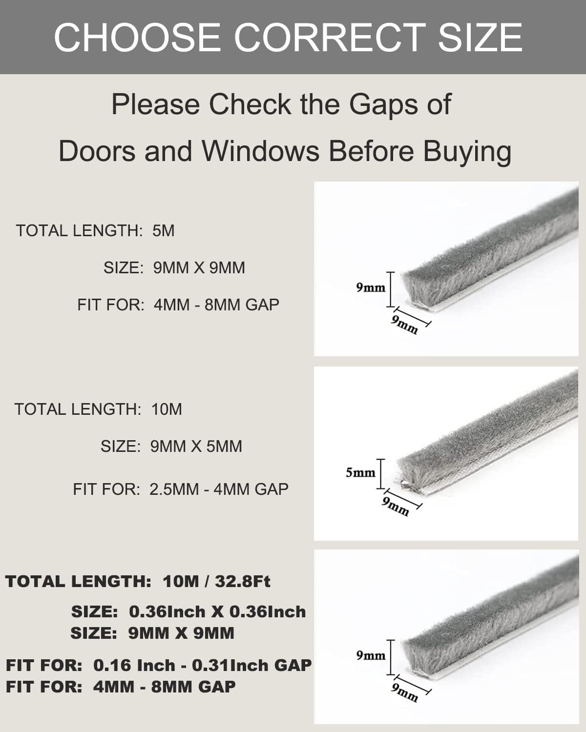 Weather Stripping Seal for Sliding Windows Doors Frame Side, 32.8Ft, Seal Strip, Pile Self Adhesive Weatherstrip, 0.36" Wide X 0.36" Thick-2