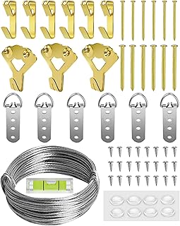 Heavy Duty Picture Hanging Kit, Wall Hanging Kit Support 10-100lbs with Picture Hanging Wire, D-Ring, Screws, Hanging Hooks,Level. 40 Feet (12M) Picture Hanging Wire Hangers