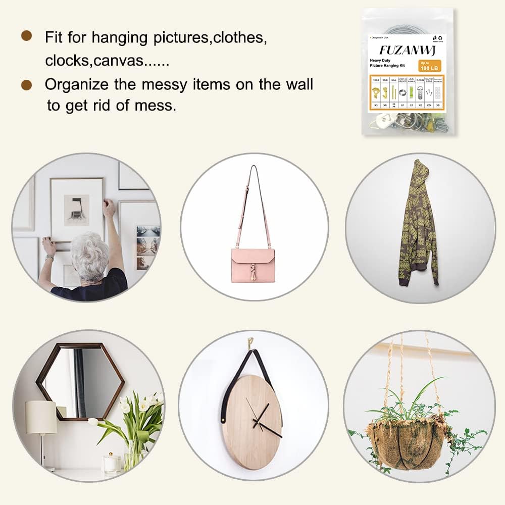 Heavy Duty Picture Hanging Kit, Wall Hanging Kit Support 10-100lbs with Picture Hanging Wire, D-Ring, Screws, Hanging Hooks,Level. 40 Feet (12M) Picture Hanging Wire Hangers-6