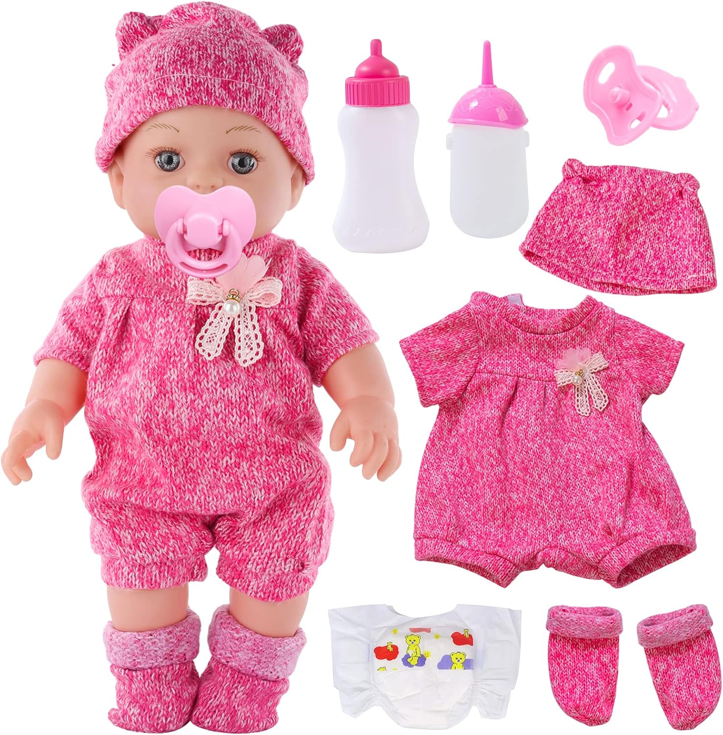 DONTNO 12 Inch Baby Doll with Clothes and Accessories, Reborn Alive Baby Doll Feeding and Caring Set with Baby Bottles Diaper Nipple for Little Girls Pretend Play Set-0