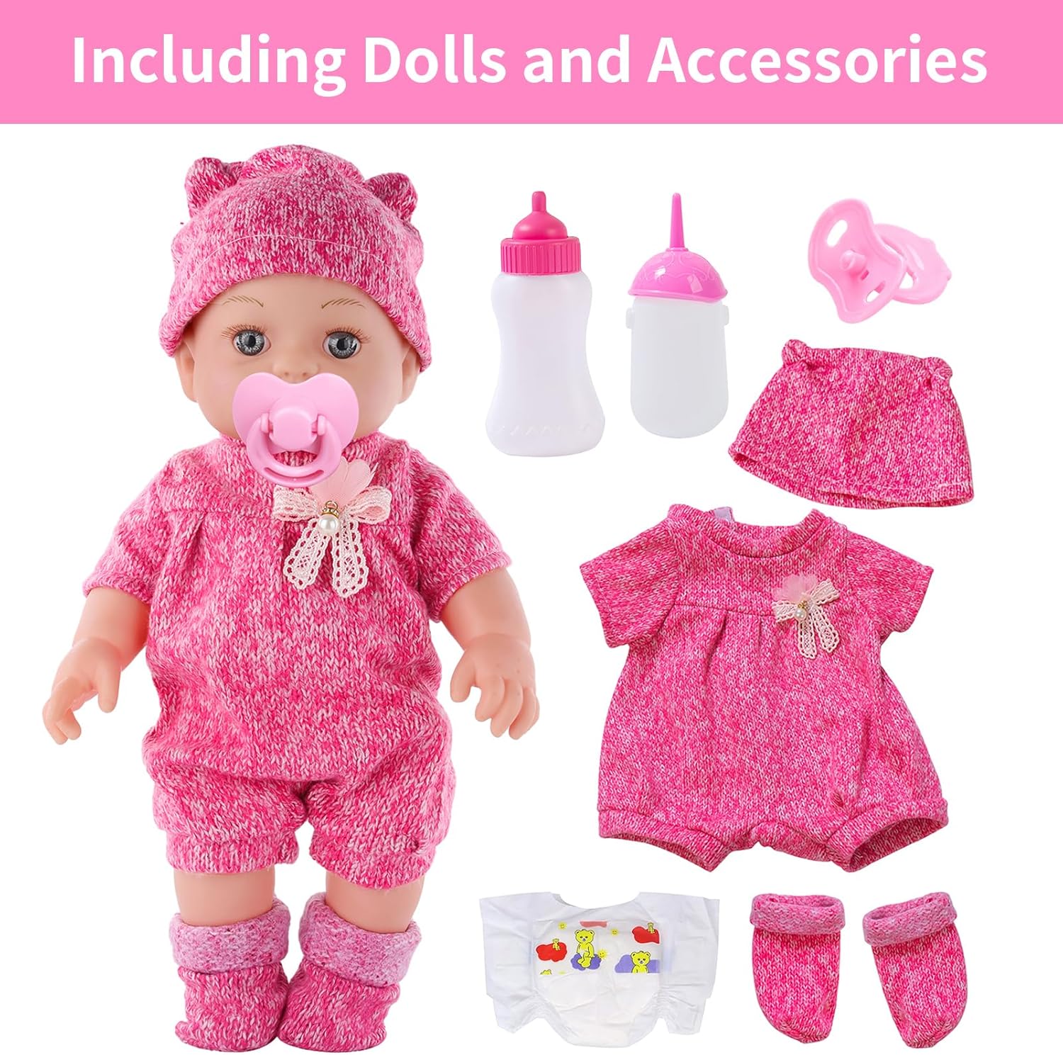 DONTNO 12 Inch Baby Doll with Clothes and Accessories, Reborn Alive Baby Doll Feeding and Caring Set with Baby Bottles Diaper Nipple for Little Girls Pretend Play Set-1