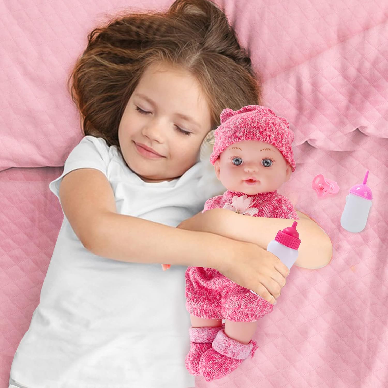 DONTNO 12 Inch Baby Doll with Clothes and Accessories, Reborn Alive Baby Doll Feeding and Caring Set with Baby Bottles Diaper Nipple for Little Girls Pretend Play Set-3