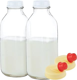 kitchentoolz 32 Oz Square Glass Milk Bottles with Lids, Perfect Glass Milk Container for Refrigerator - 1 Liter Glass Milk Jugs with Tamper Proof Lid and Pour Spout - Pack of 2