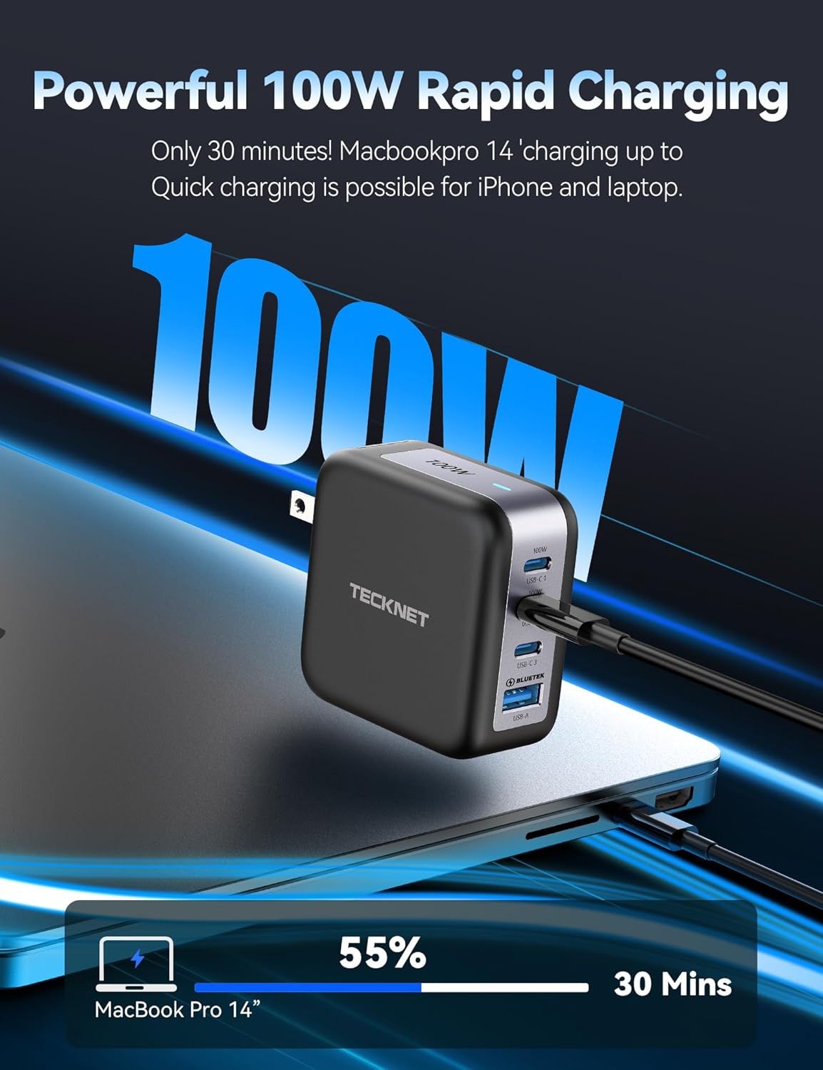 TECKNET 100W USB C Wall Charger, GaN Ⅲ Portable USB-C Fast Charger Block with Type C Cable, PD Power Adapter for iPhone 15/15 Pro, MacBook Pro, iPad, AirPods, Dell XPS, Pixel, Samsung, PS5, Switch-1