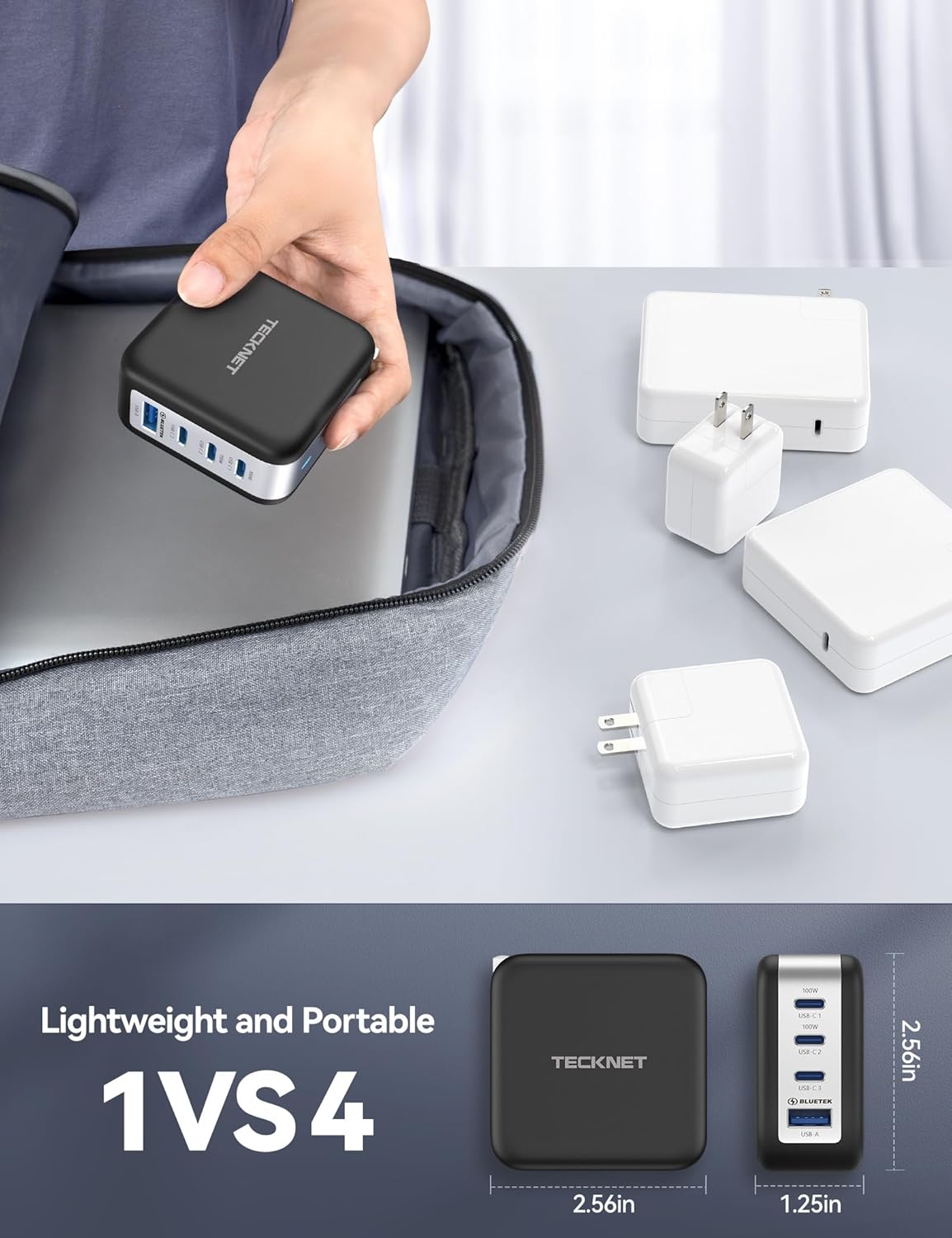 TECKNET 100W USB C Wall Charger, GaN Ⅲ Portable USB-C Fast Charger Block with Type C Cable, PD Power Adapter for iPhone 15/15 Pro, MacBook Pro, iPad, AirPods, Dell XPS, Pixel, Samsung, PS5, Switch-3