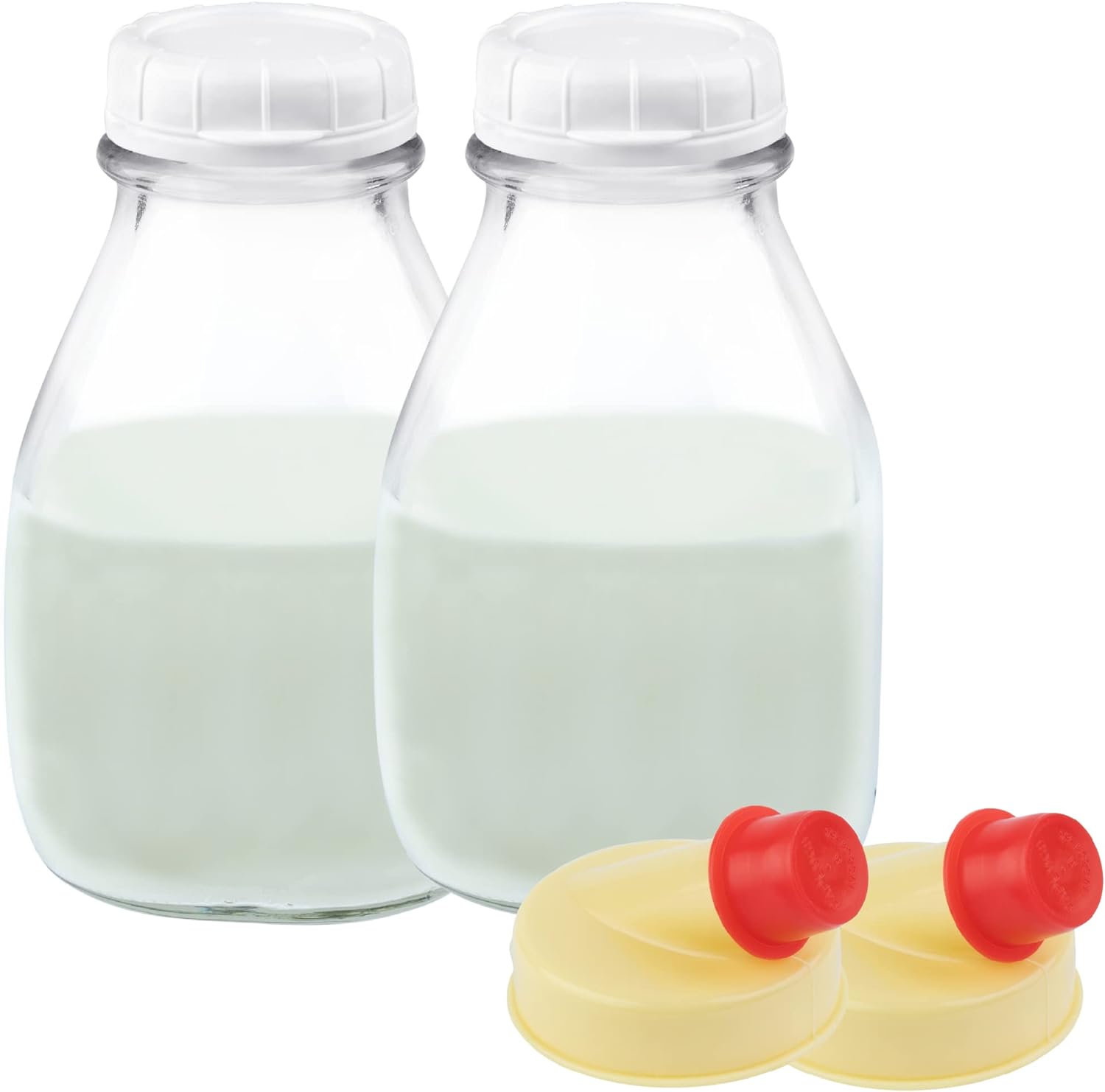 Kitchentoolz 16 Oz Glass Milk Bottle with Lid - 16 Ounce Short and Wide Glass Milk Container for Refrigerator with Tamper Proof Lid and Pour Spout - Pack of 2-0