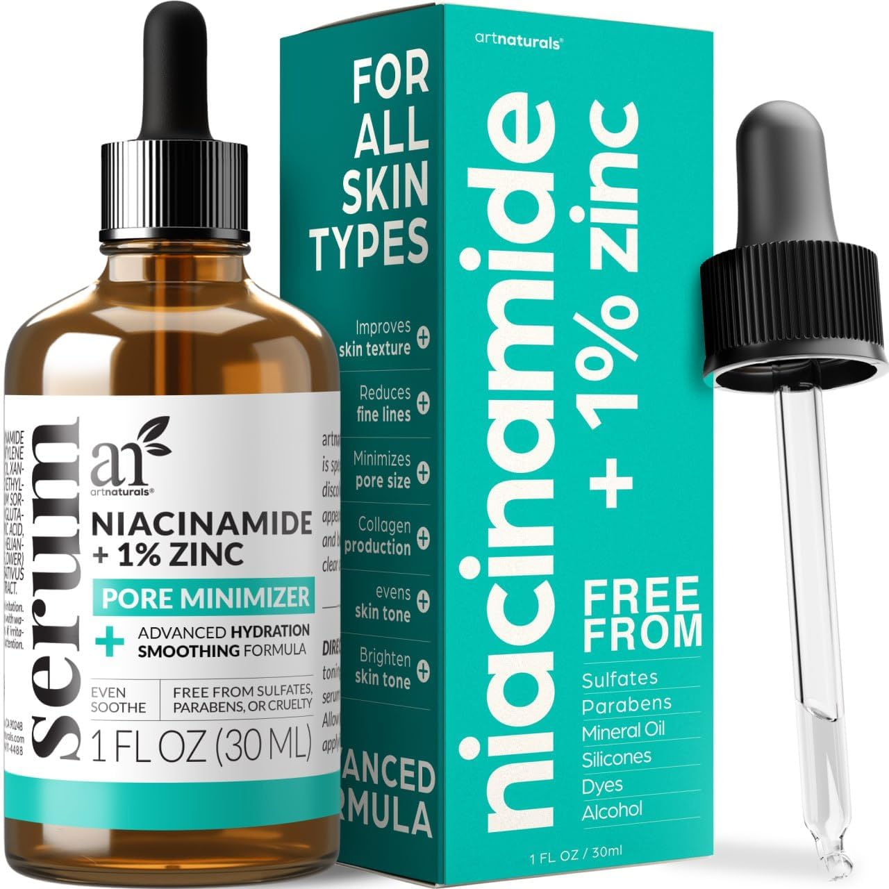 Artnaturals Niacinamide Face Serum, 10% Active Niacinamide with 1% Zinc PCA & Vitamin B3 - Hyaluronic Acid, Pore Reducer, Mineral Blemish Protection, 1 oz-0