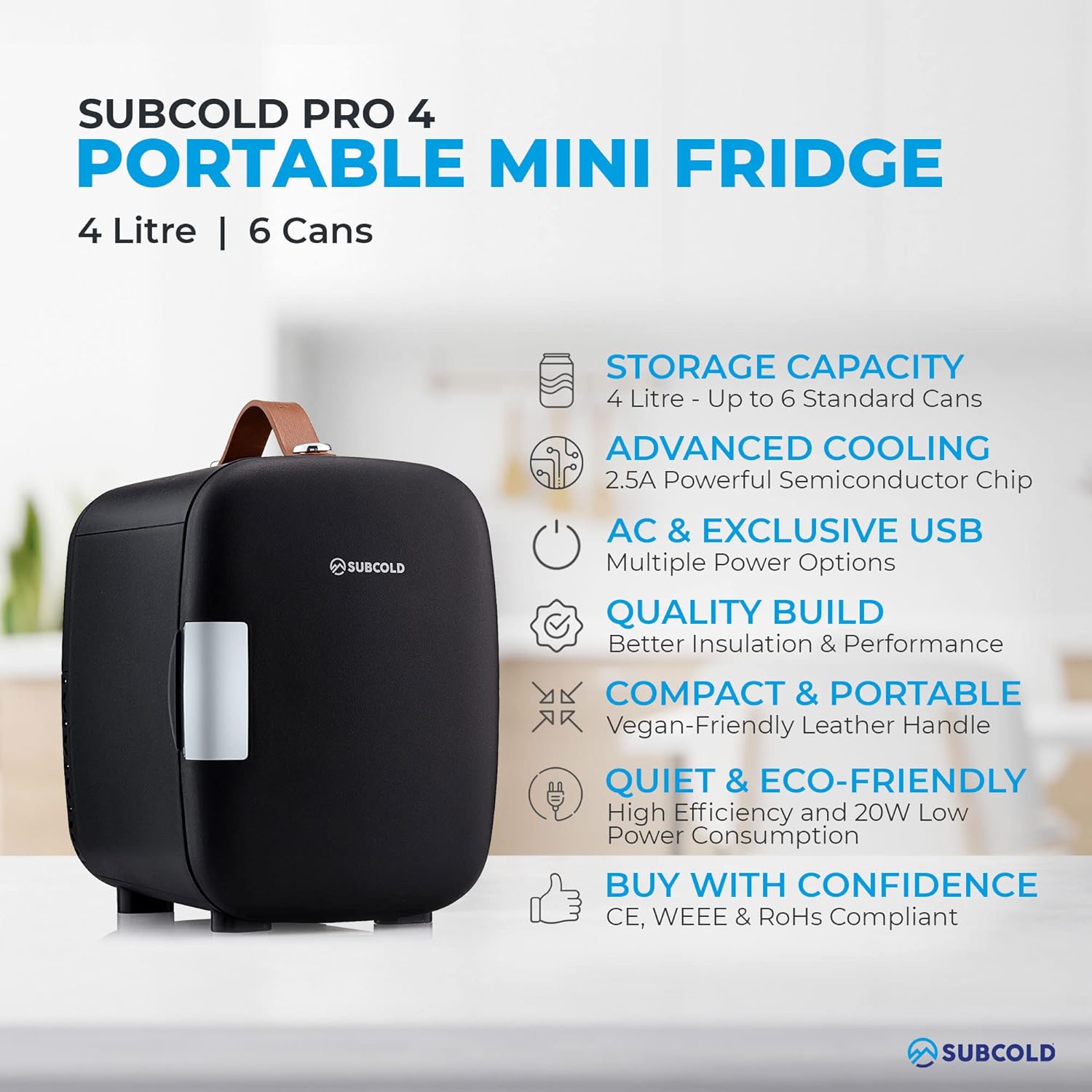 Pro4 Luxury Mini Fridge Cooler 4 Litre / 6 Cans AC & Exclusive USB ECO Power Option | Portable Small Refrigerator For The Office, Bedroom, Car, Travel, Skincare & Cosmetic (Black)-1