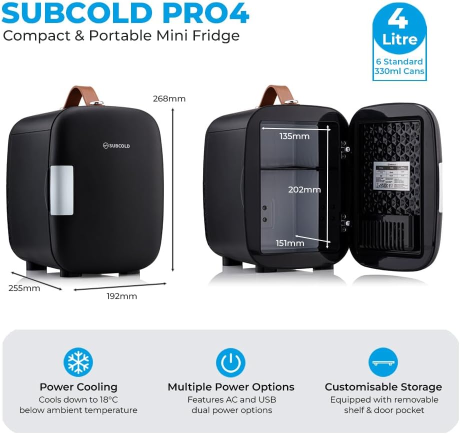 Pro4 Luxury Mini Fridge Cooler 4 Litre / 6 Cans AC & Exclusive USB ECO Power Option | Portable Small Refrigerator For The Office, Bedroom, Car, Travel, Skincare & Cosmetic (Black)-4