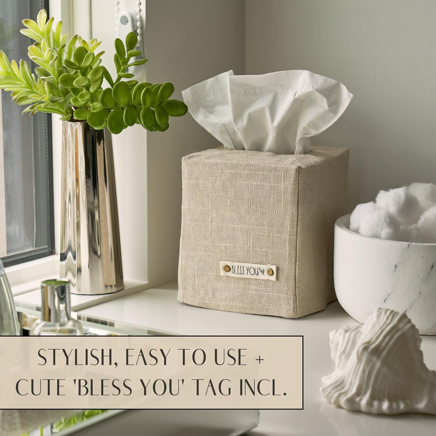 Stylish Tissue Box Cover - This Beige Linen Holder Instantly Covers Your Square Tissue Boxes - The Perfect Cube Cover for Your Bathroom and Home-1