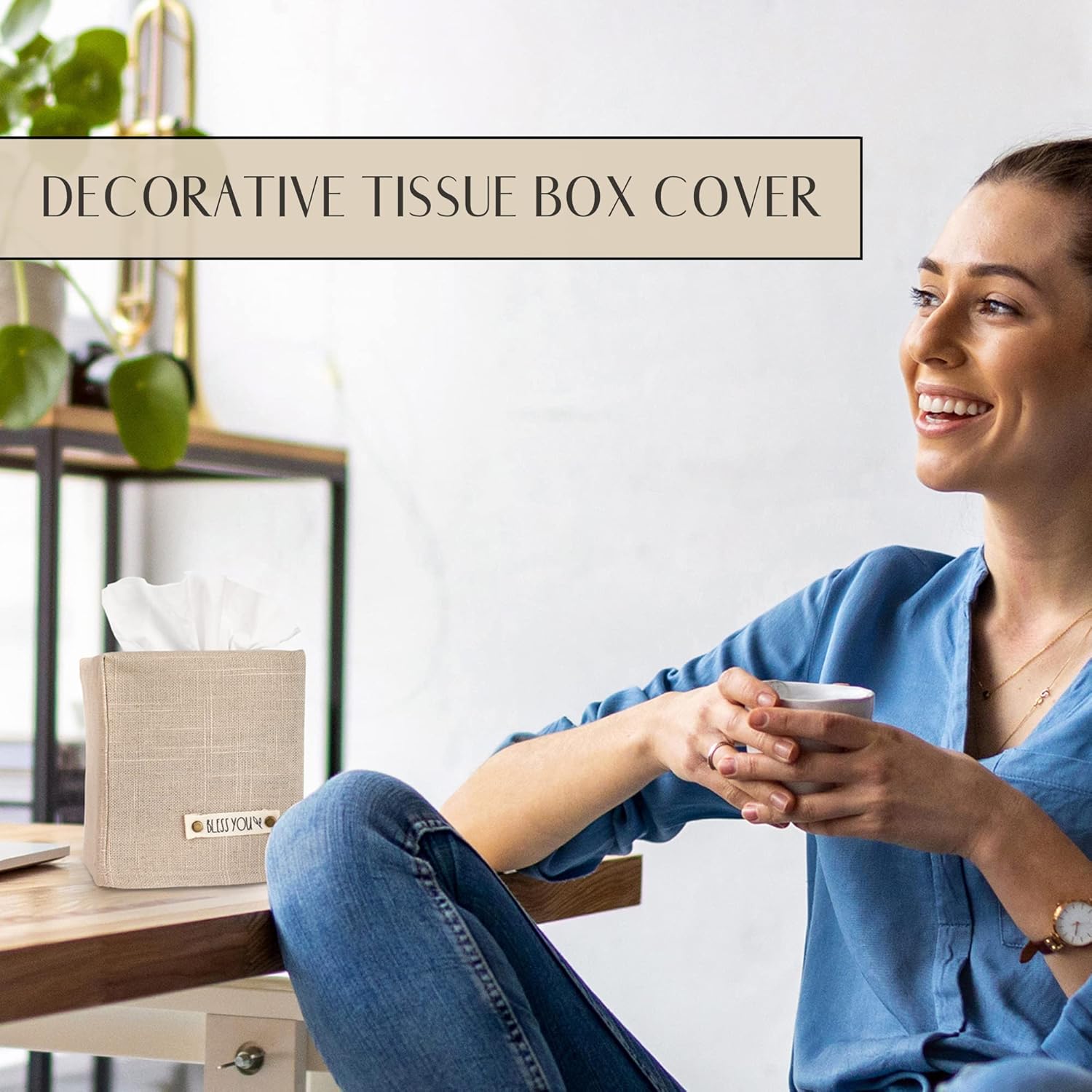 Stylish Tissue Box Cover - This Beige Linen Holder Instantly Covers Your Square Tissue Boxes - The Perfect Cube Cover for Your Bathroom and Home-3