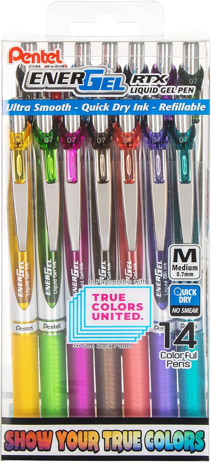 Pentel EnerGel RTX True Colors United (0.7mm) Medium Line, Assorted Ink, 14 Pack Box (BL77PC14MTCU)-0