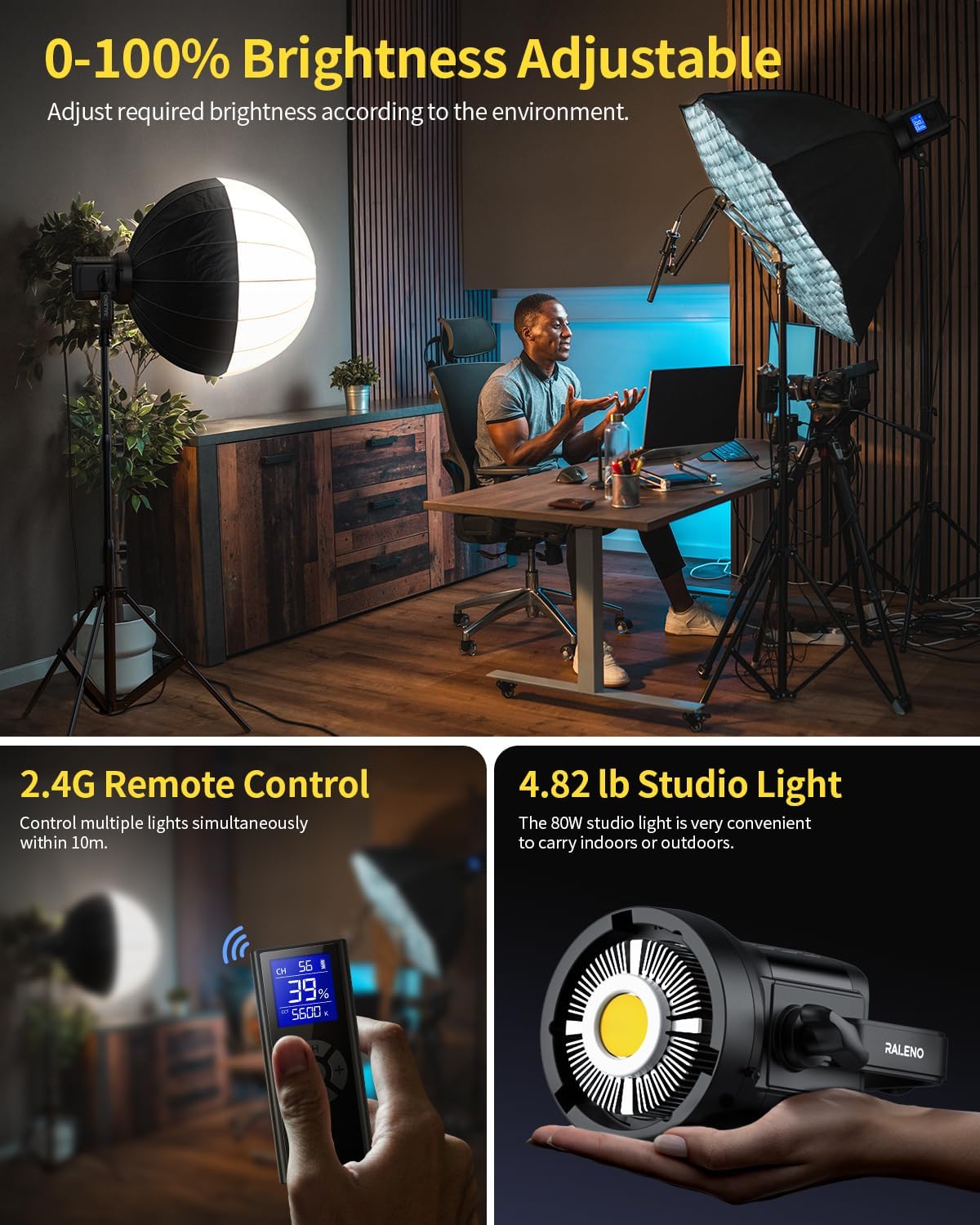 RALENO 80W LED Video Light with 2.4G Remote Control, 7200Lux CRI95+ Studio Lights with Cooling Fan and Bowens Mount, Photography Light on Continuous Output Lighting for YouTube TikTok Video Recording-1