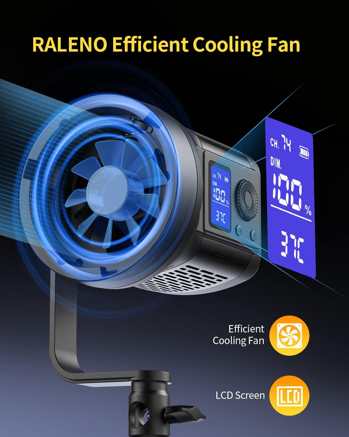 RALENO 80W LED Video Light with 2.4G Remote Control, 7200Lux CRI95+ Studio Lights with Cooling Fan and Bowens Mount, Photography Light on Continuous Output Lighting for YouTube TikTok Video Recording-3