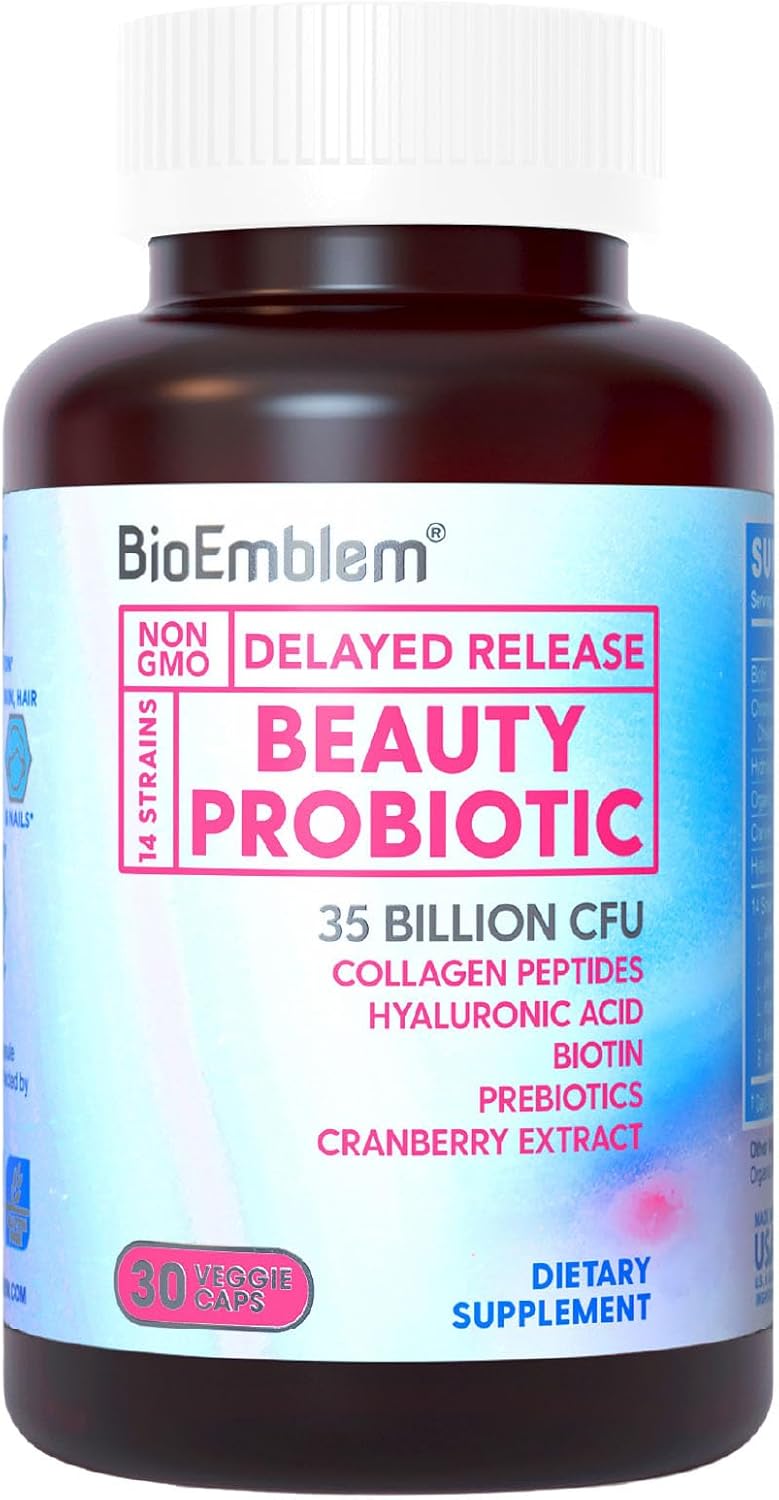 BioEmblem Beauty Probiotics for Women, 35 Billion CFU 14 Strains with Biotin, Collagen, Prebiotics for Digestive Health, Hair Skin and Nails, Vaginal Probiotics Supplement, Shelf Stable, 30 Caps-0