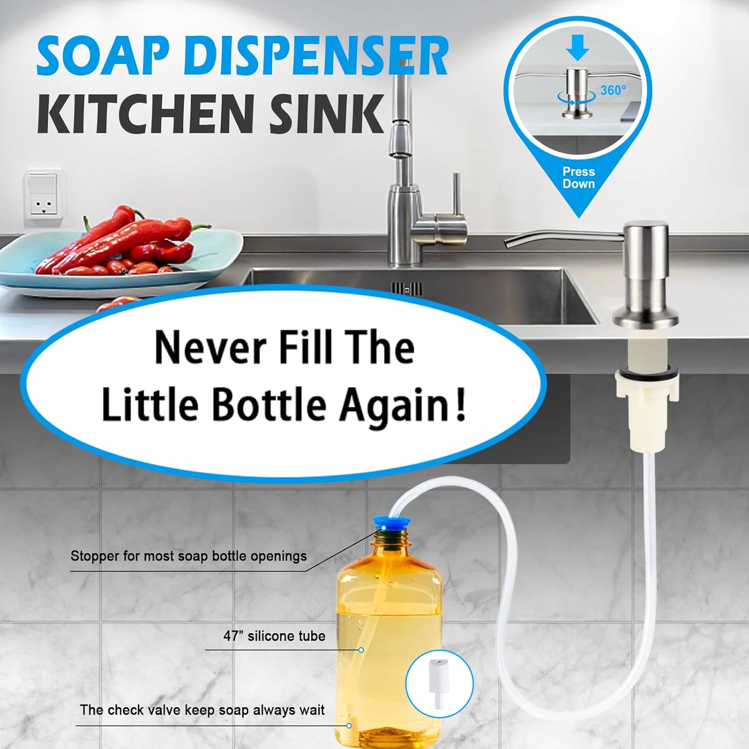 Dish Soap Dispenser for Kitchen Sink, Built in Sink Soap Dispenser Brushed Nickel, Countertop Soap Dispenser Stainless Steel Pump with 47" Extension Tube kit, No Need to Fill Little Bottle Again-1