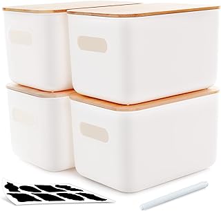 Citylife 4 Packs Plastic Storage Bins with Bamboo lids Stackable Storage Containers for Organizing, Bundled with Labels and Marker 10.24 x 7.01 x 6.1 inch