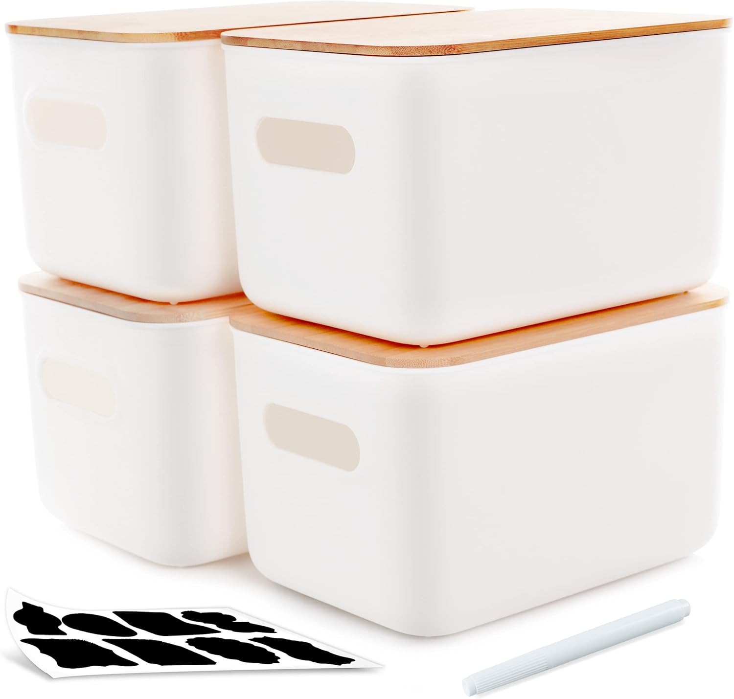 Citylife 4 Packs Plastic Storage Bins with Bamboo lids Stackable Storage Containers for Organizing, Bundled with Labels and Marker 10.24 x 7.01 x 6.1 inch-0