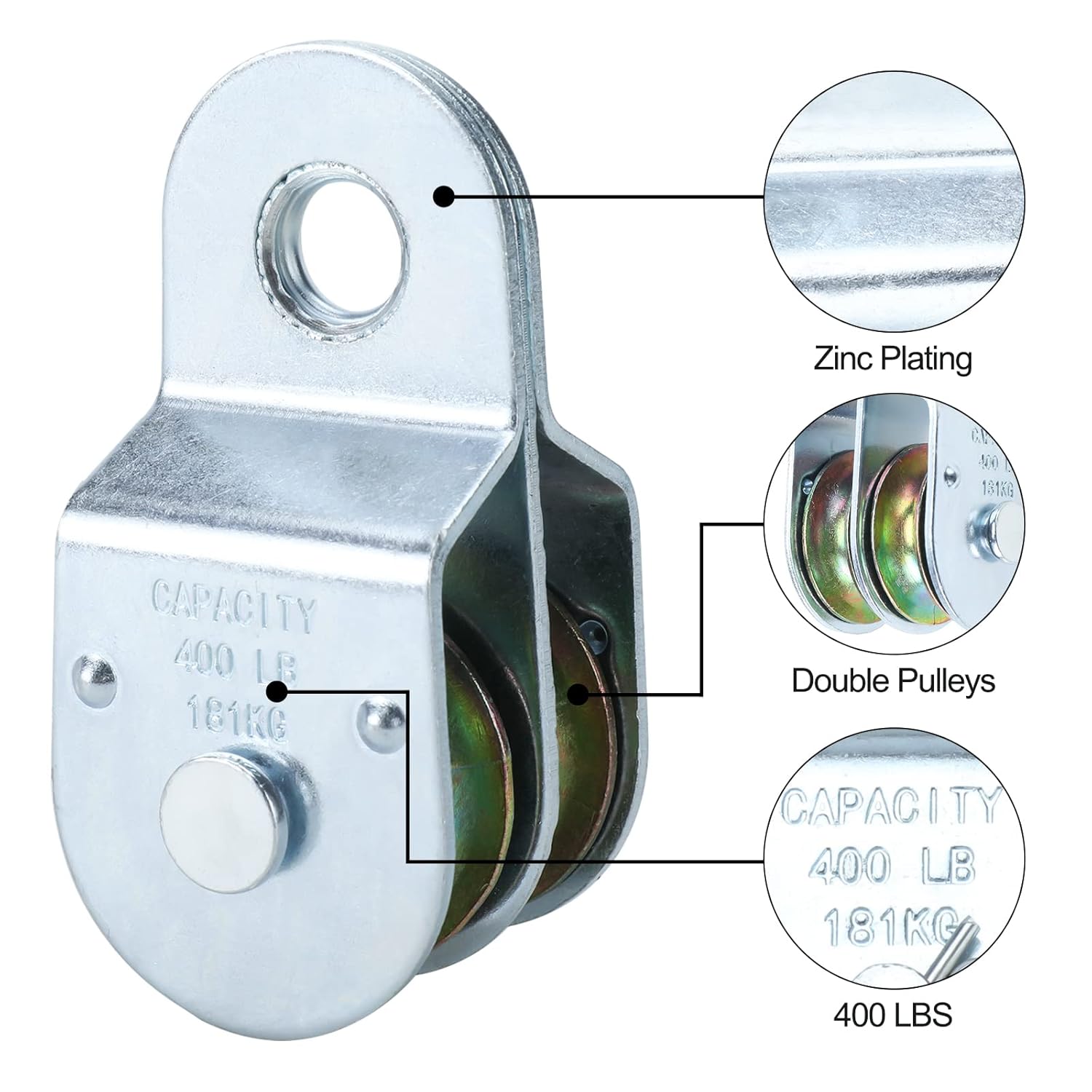 Fixed Double Pulleys, Double Pulley Block Wheel, Double Pulley Roller, Loading 400 LBS Each, Iron with Zinc Plated (2, 1-1/2 Inch)-5