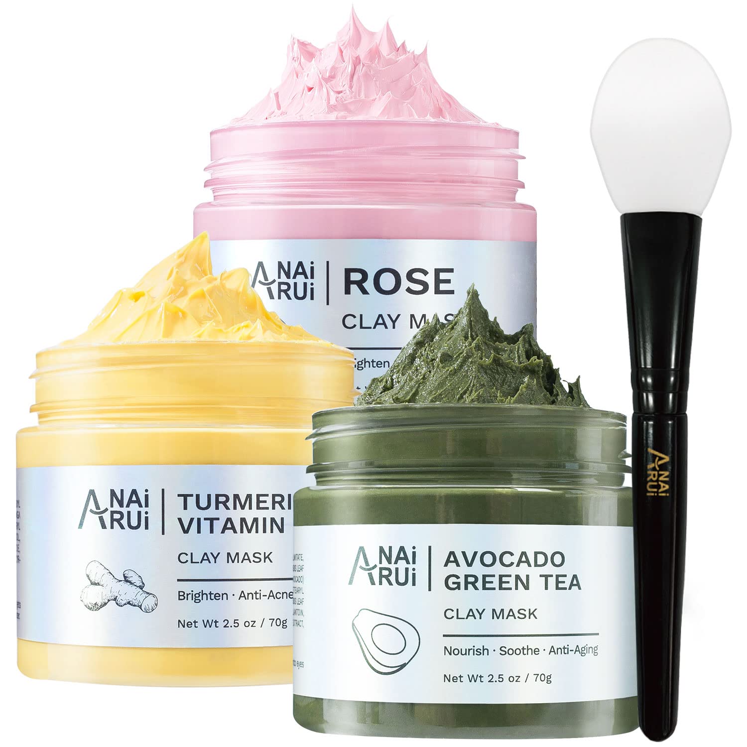 ANAI RUI Turmeric Vitamin C Clay Mask -Rose Facial Mask –Avocado Green Tea Mud Mask,Facial Mask Skincare for Deep Cleansing,Purify Pores SPA Mask Set,Facial Mask Set Gifts Set 2.5 oz each-0