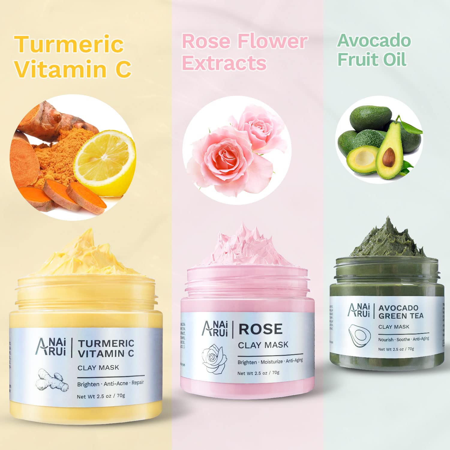 ANAI RUI Turmeric Vitamin C Clay Mask -Rose Facial Mask –Avocado Green Tea Mud Mask,Facial Mask Skincare for Deep Cleansing,Purify Pores SPA Mask Set,Facial Mask Set Gifts Set 2.5 oz each-1