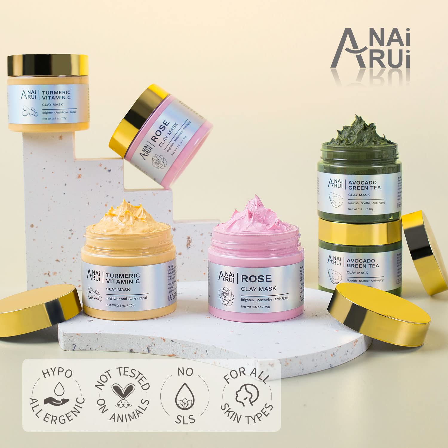 ANAI RUI Turmeric Vitamin C Clay Mask -Rose Facial Mask –Avocado Green Tea Mud Mask,Facial Mask Skincare for Deep Cleansing,Purify Pores SPA Mask Set,Facial Mask Set Gifts Set 2.5 oz each-8