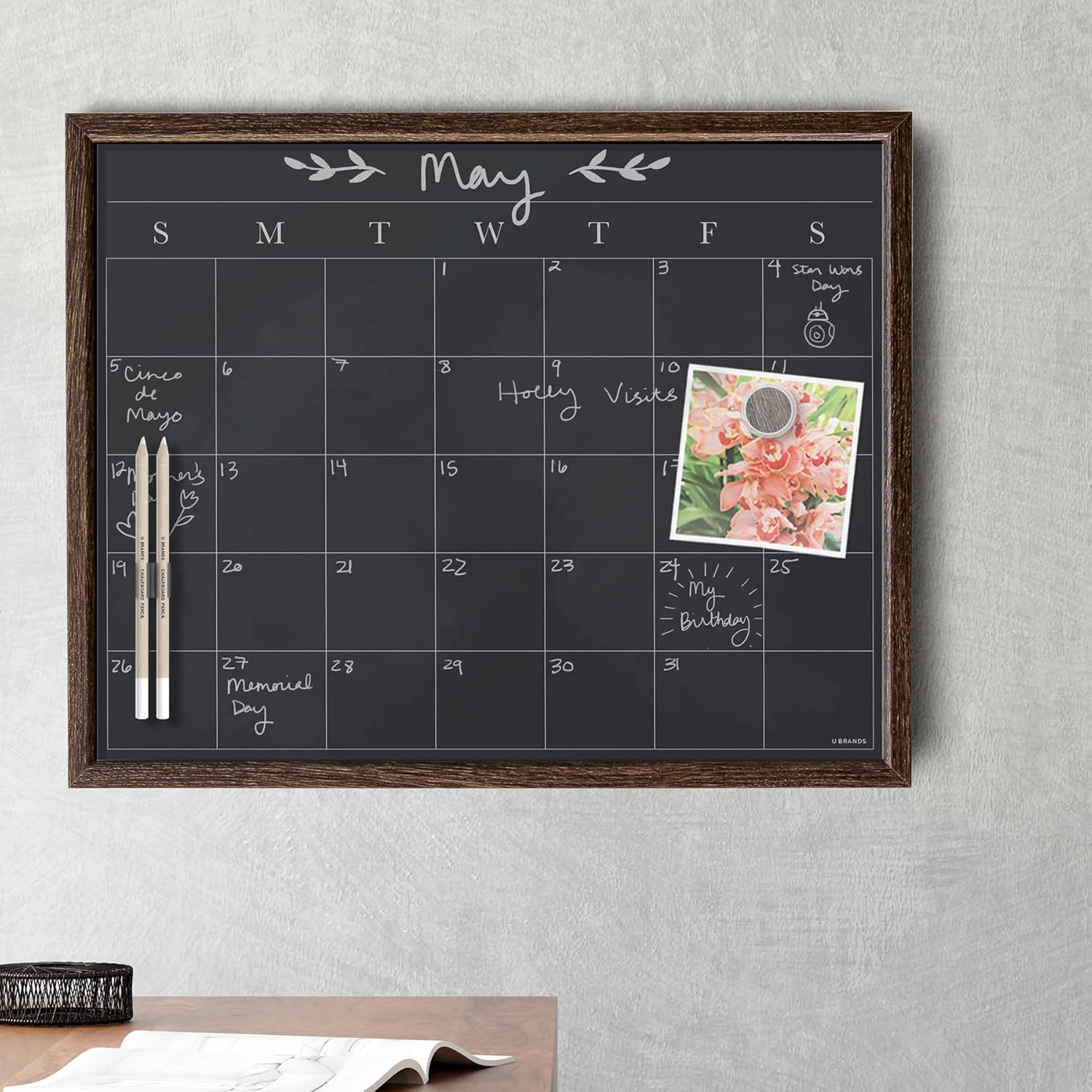 U Brands Magnetic Chalk Calendar Board, 20"x16", Rustic Wood Style Frame, includes Chalk Pencils and Magnet-5