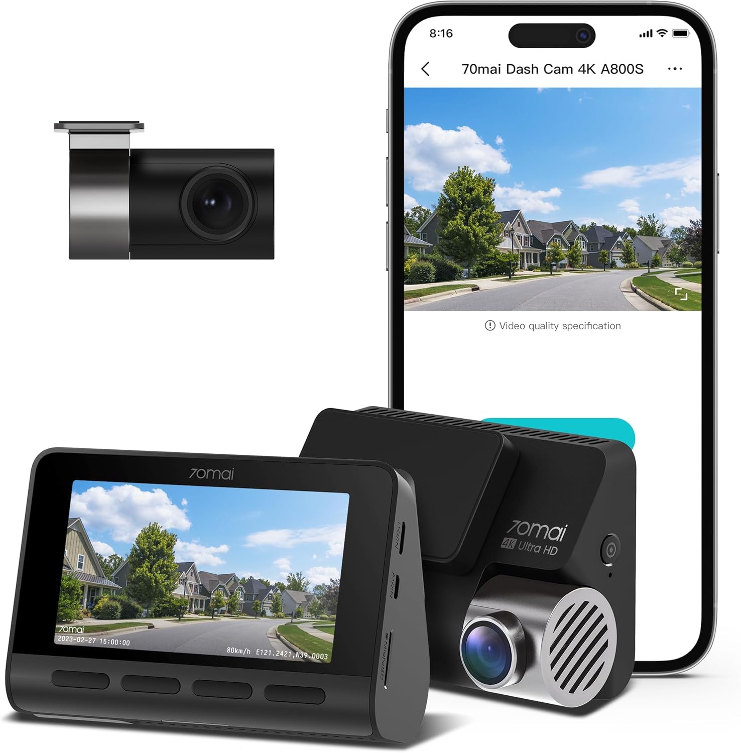 70mai 4K Dash Cam A800S with Sony IMX415, Front and Rear,Built in GPS, Super Night Vision, 3'' IPS LCD, 24H Parking Mode, ADAS, Loop Recording, iOS/Android App Control-0