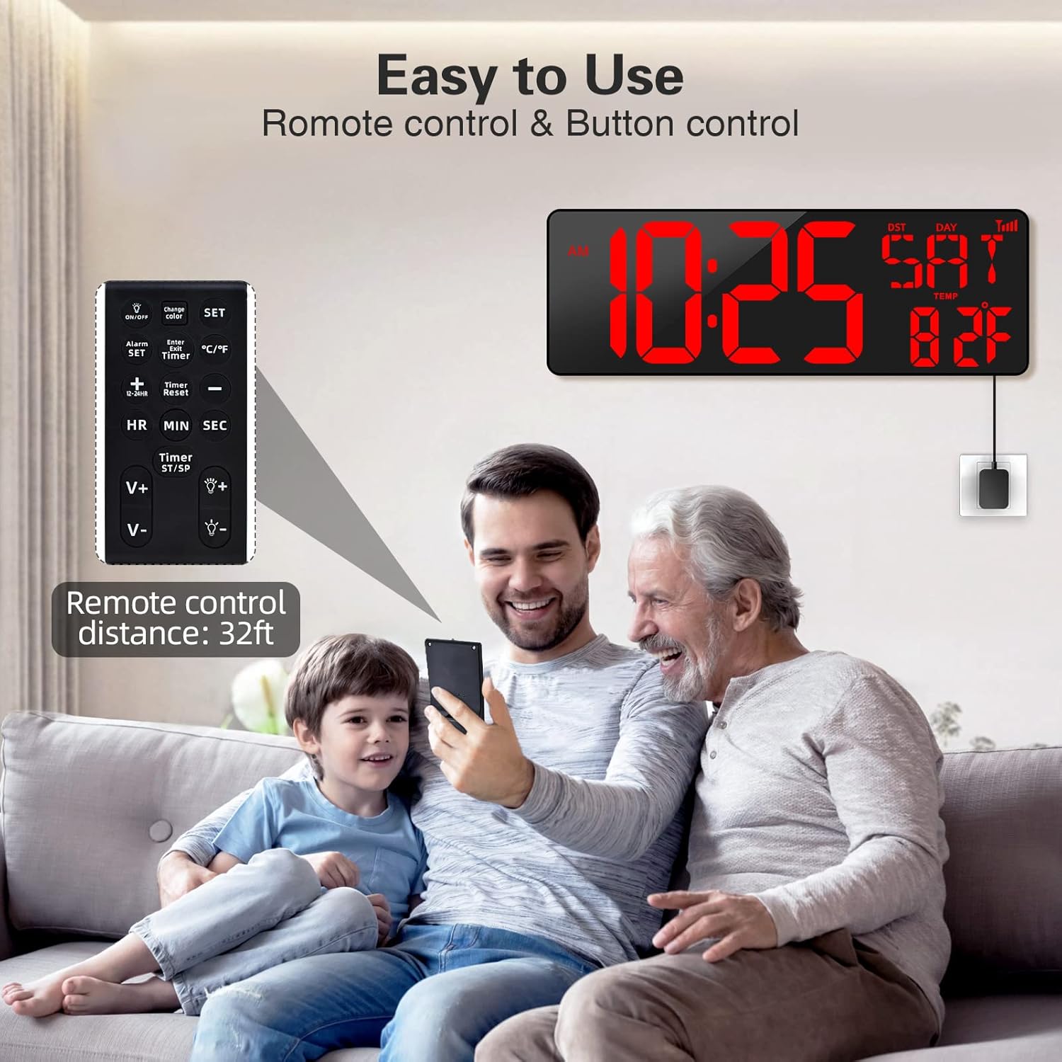 XREXS Large Digital Wall Clock WiFi Sync, 16.5 in Large Display Wall Clock with Temperature/Date/Week, LED Big Digital Timer Clock with Remote Control, Alarm Clock for Home and Office, Auto-dimming-5