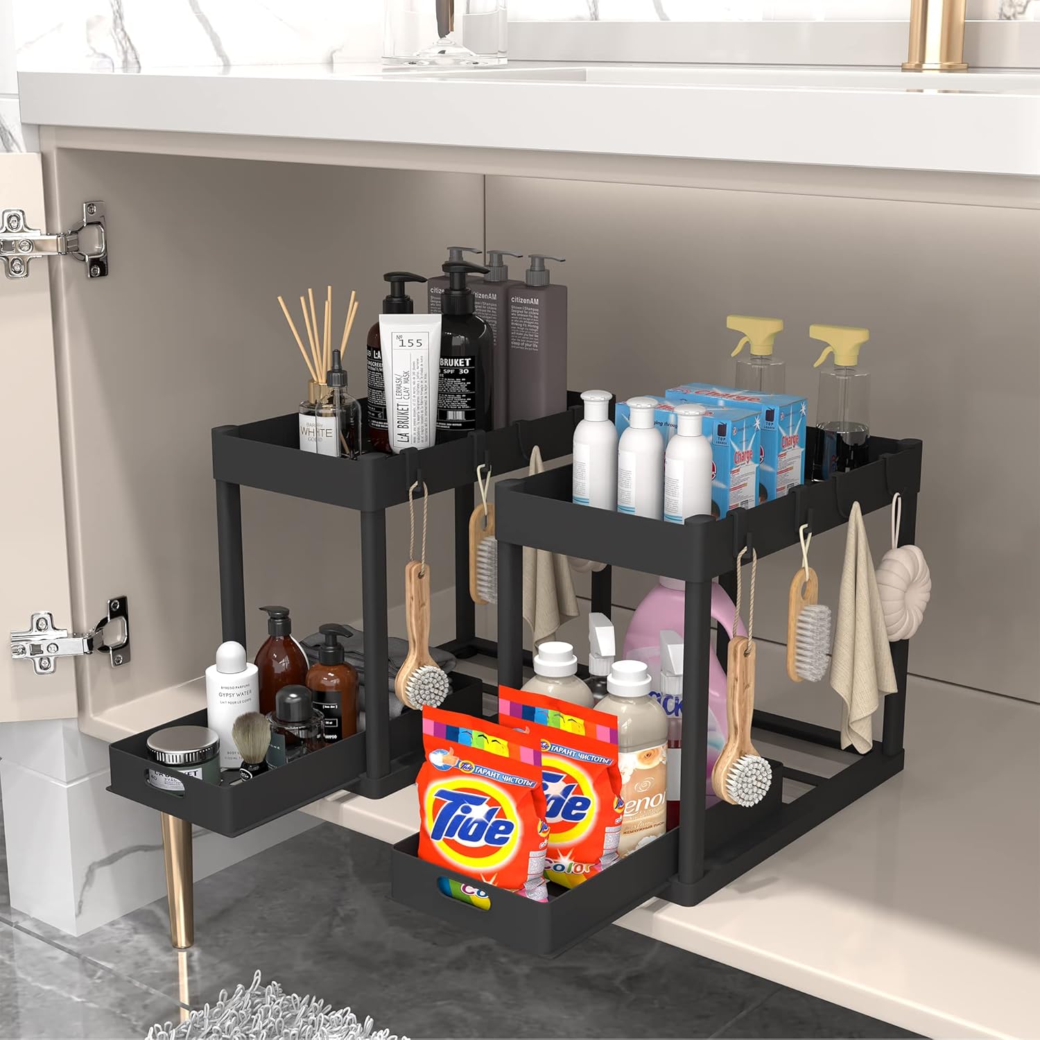 2PC Under Sink Organizer Rack 2 Tier Under Sliding Cabinet Basket Organizer Drawer with 4 Hooks, Multi-purpose Under Sink Storage for Bathroom Kitchen Desktop（Black）-3