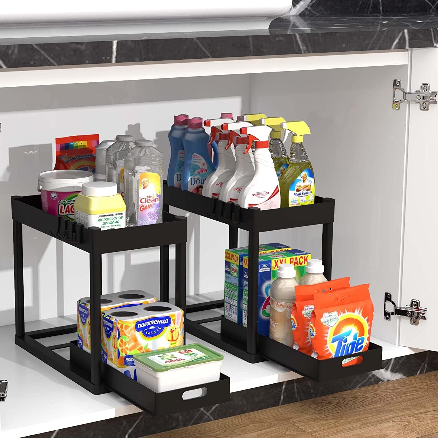 2PC Under Sink Organizer Rack 2 Tier Under Sliding Cabinet Basket Organizer Drawer with 4 Hooks, Multi-purpose Under Sink Storage for Bathroom Kitchen Desktop（Black）-6