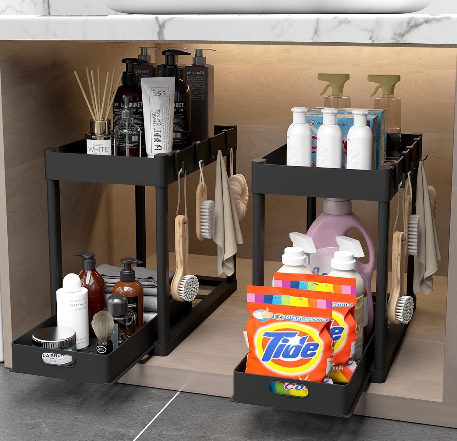 2PC Under Sink Organizer Rack 2 Tier Under Sliding Cabinet Basket Organizer Drawer with 4 Hooks, Multi-purpose Under Sink Storage for Bathroom Kitchen Desktop（Black）-7