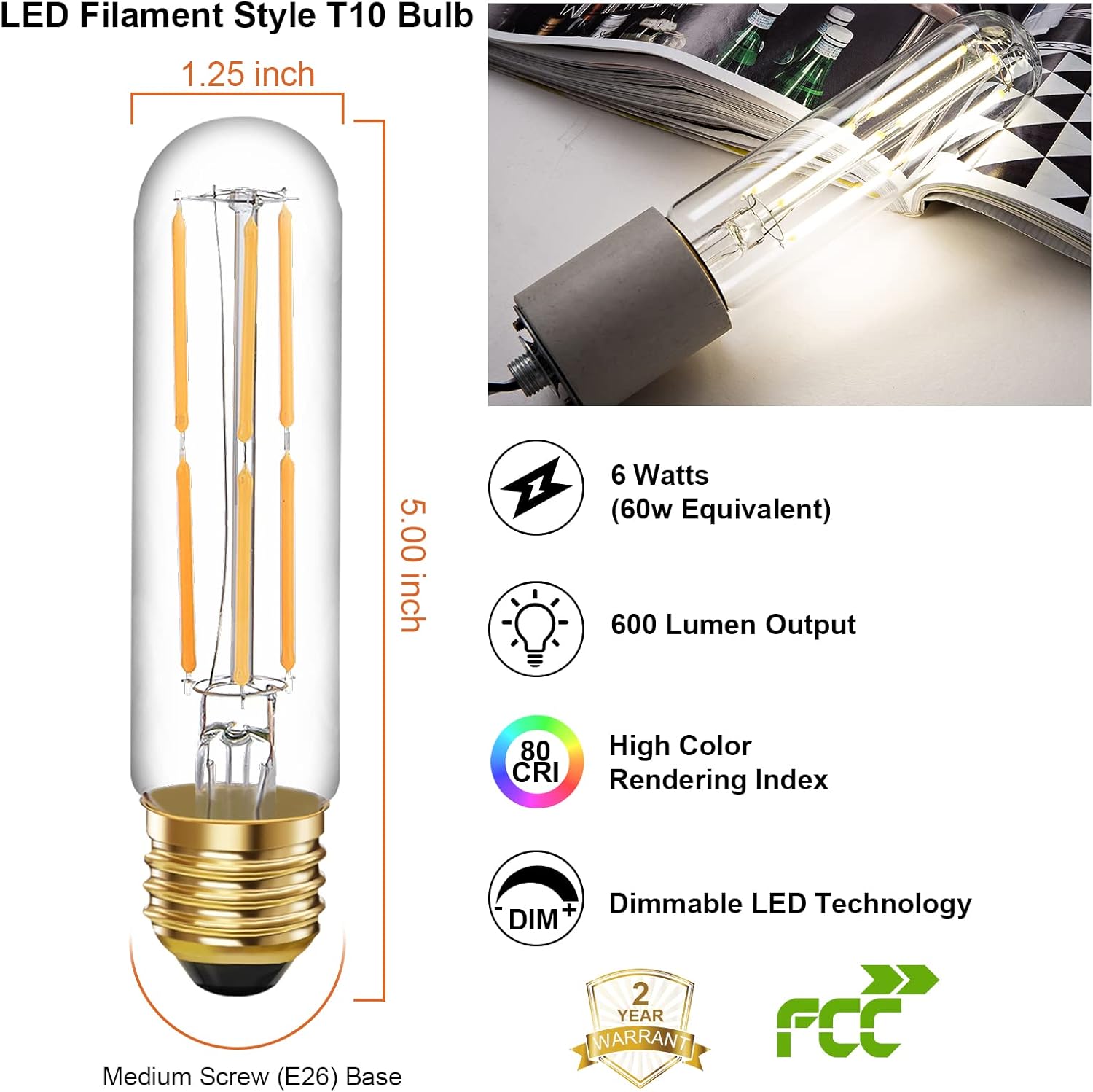 6 Pcs E26 T10 LED Tubular Light Bulbs, Daylight White Edison Bulb 4000K 6W Dimmable T10 Led Bulb for Pendant Lights, Lamps, Outdoor Long Light Bulbs (6W, 4000K)-4