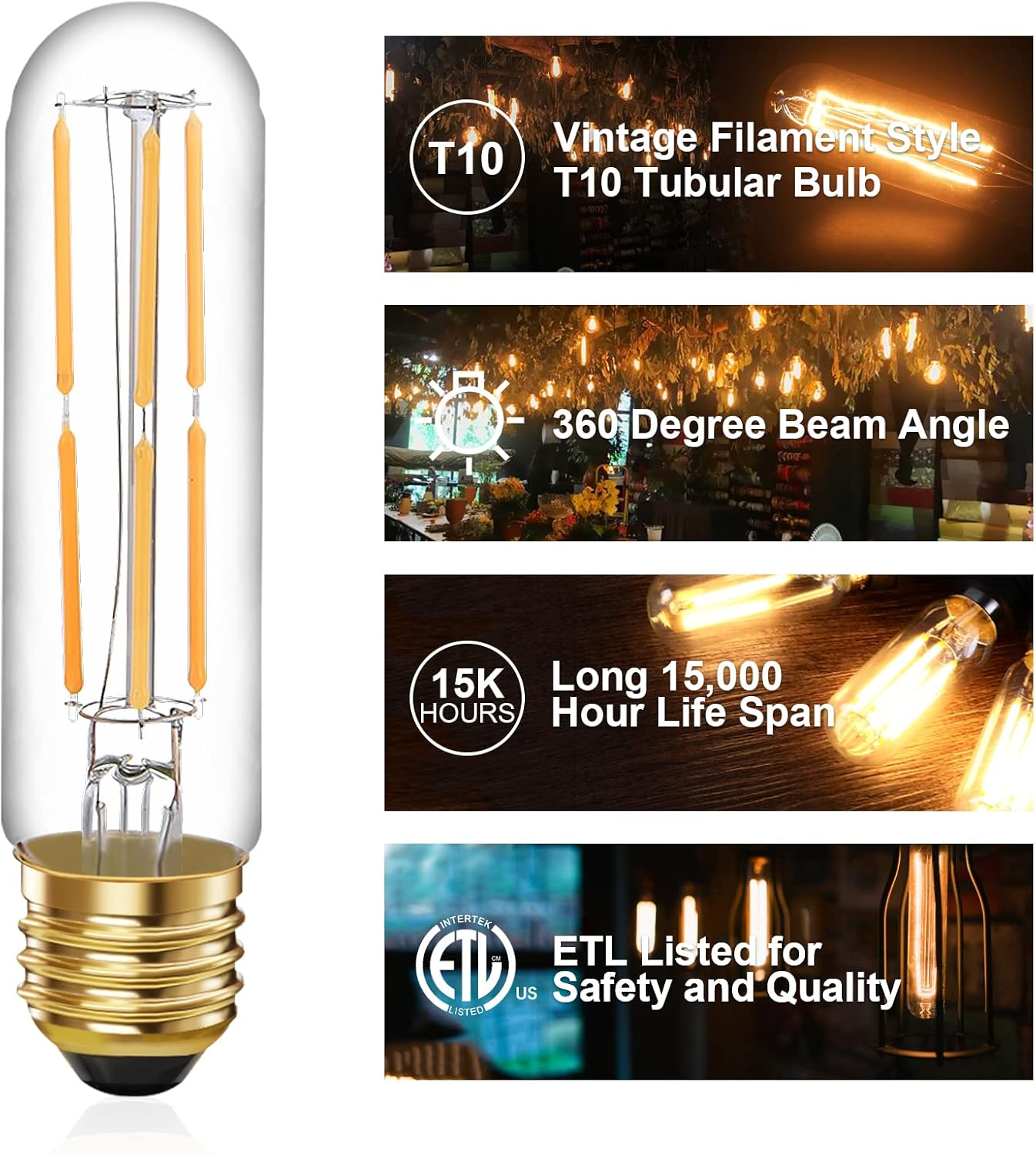 6 Pcs E26 T10 LED Tubular Light Bulbs, Daylight White Edison Bulb 4000K 6W Dimmable T10 Led Bulb for Pendant Lights, Lamps, Outdoor Long Light Bulbs (6W, 4000K)-5