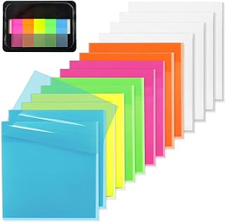 800 Sheets Transparent Sticky Notes, 3x3 Inch 14 Pads Self-Adhesive Translucent Clear See Through Post Sticky Notes for Planner Office School College Teacher Student Supplies 6 Bright Color