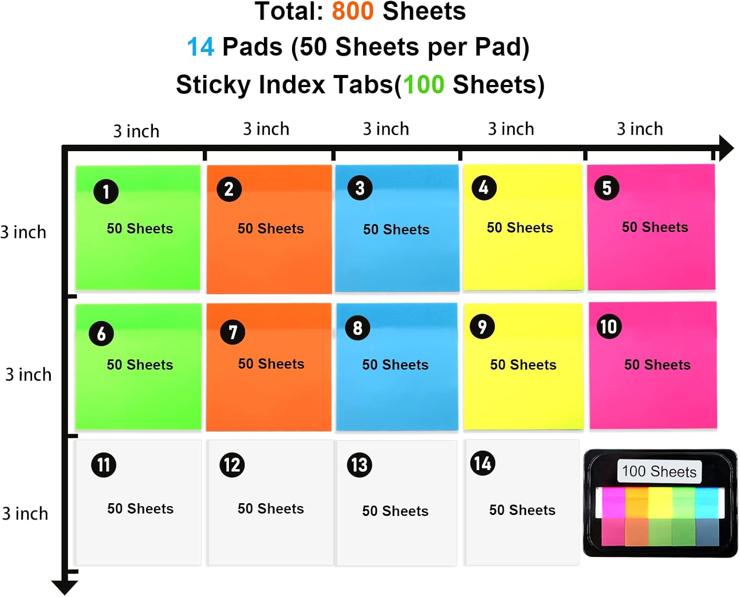 800 Sheets Transparent Sticky Notes, 3x3 Inch 14 Pads Self-Adhesive Translucent Clear See Through Post Sticky Notes for Planner Office School College Teacher Student Supplies 6 Bright Color-1