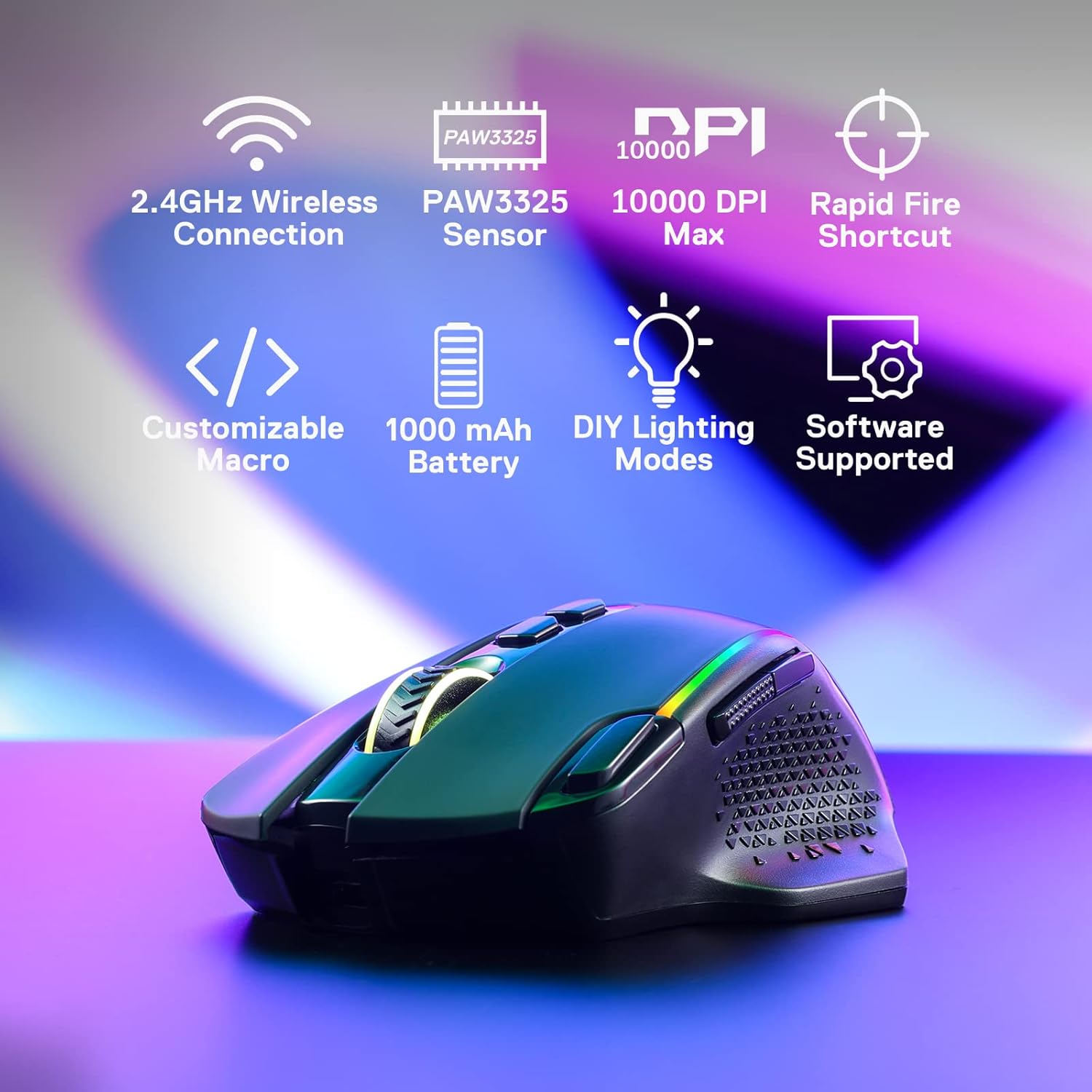 Redragon M810 Pro Wireless Gaming Mouse, 10000 DPI Wired/Wireless Gamer Mouse w/Rapid Fire Key, 8 Macro Buttons, 45-Hour Reliable Power Capacity and RGB Backlit for PC/Mac/Laptop-2