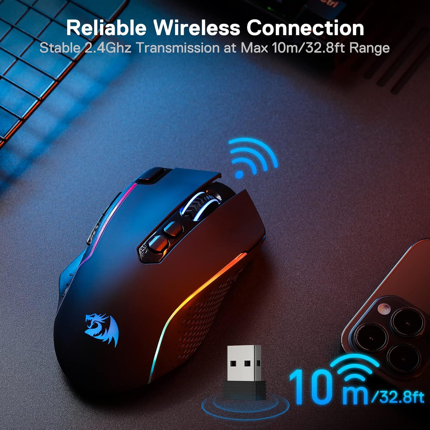 Redragon M810 Pro Wireless Gaming Mouse, 10000 DPI Wired/Wireless Gamer Mouse w/Rapid Fire Key, 8 Macro Buttons, 45-Hour Reliable Power Capacity and RGB Backlit for PC/Mac/Laptop-3